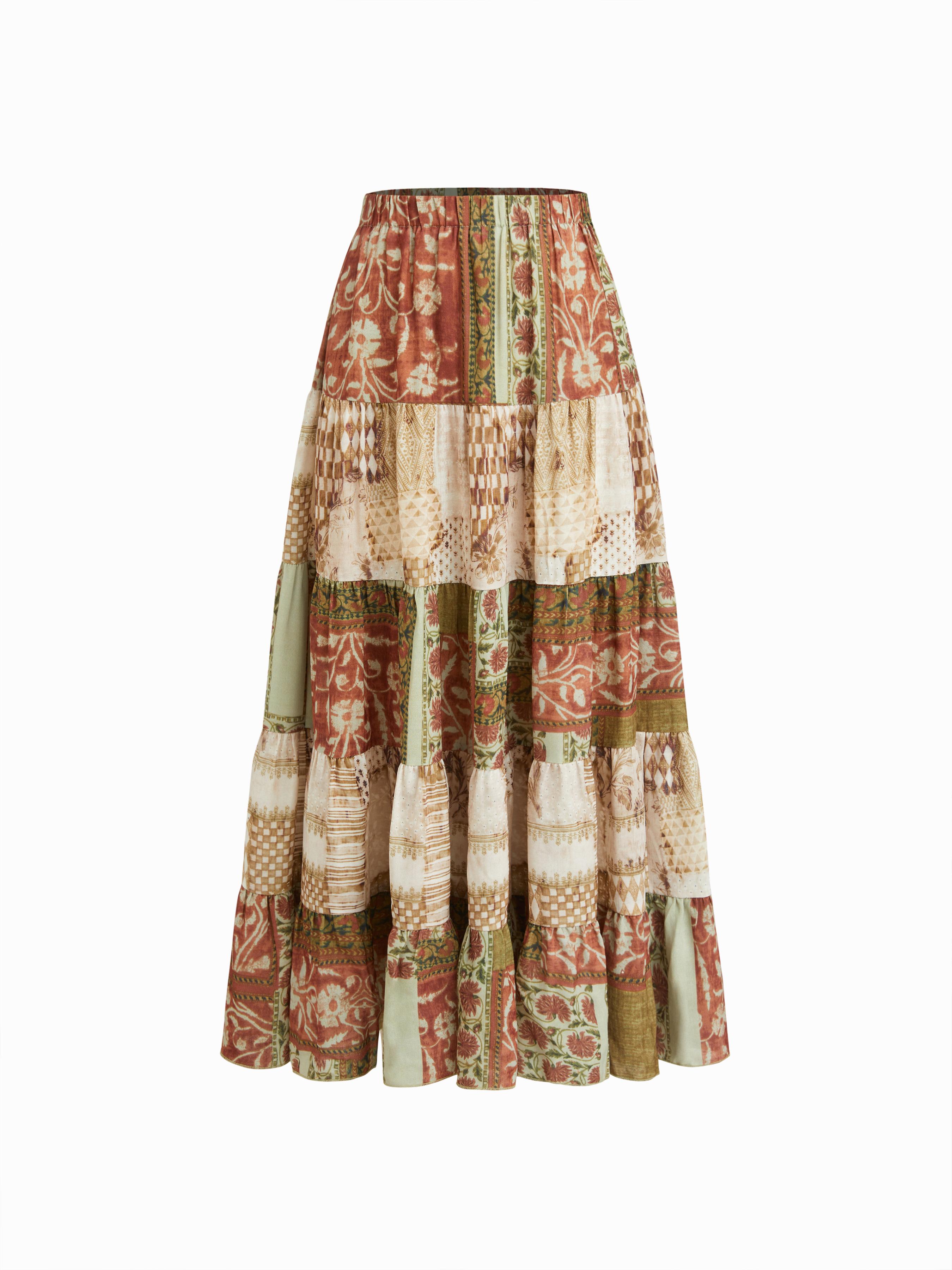 Mid Rise Aztec Two Tone Tiered Ruffle Maxi Skirt by CIDER
