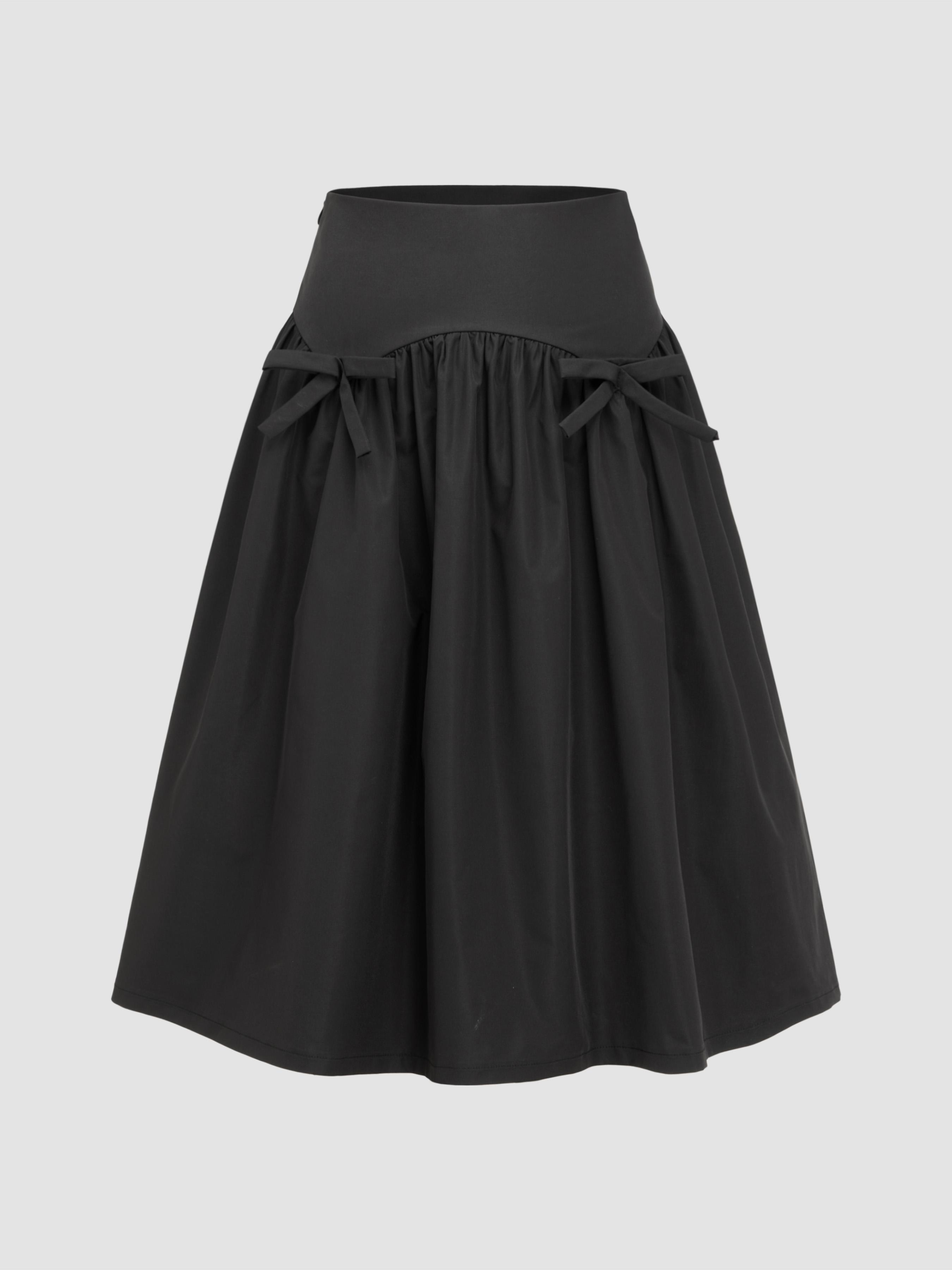 Mid Rise Bowknot Ruffle Solid Midi Skirt by CIDER