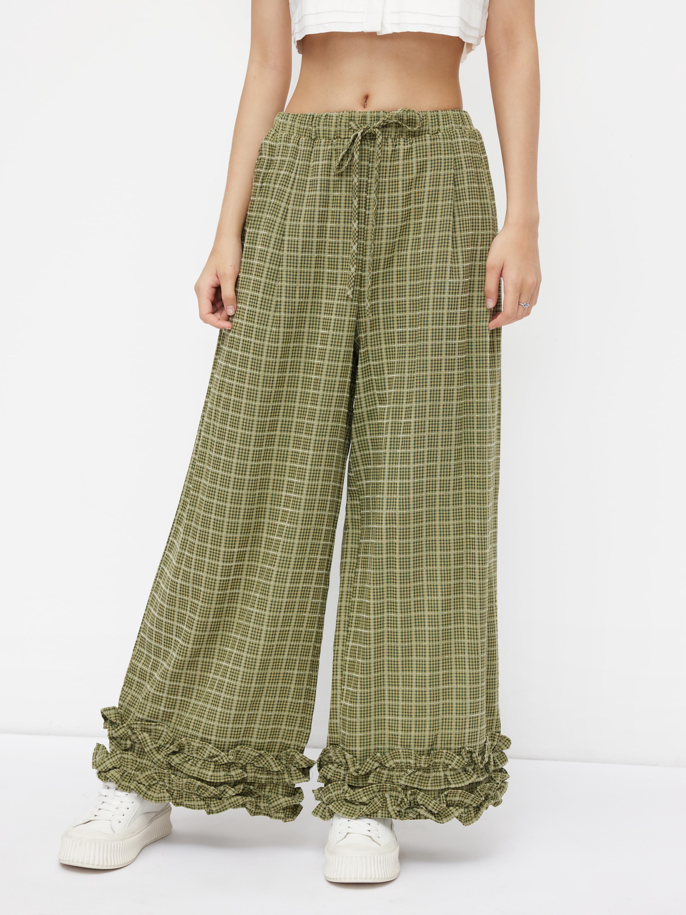 Mid Rise Check Drawstring Lettuce Trim Trousers by CIDER