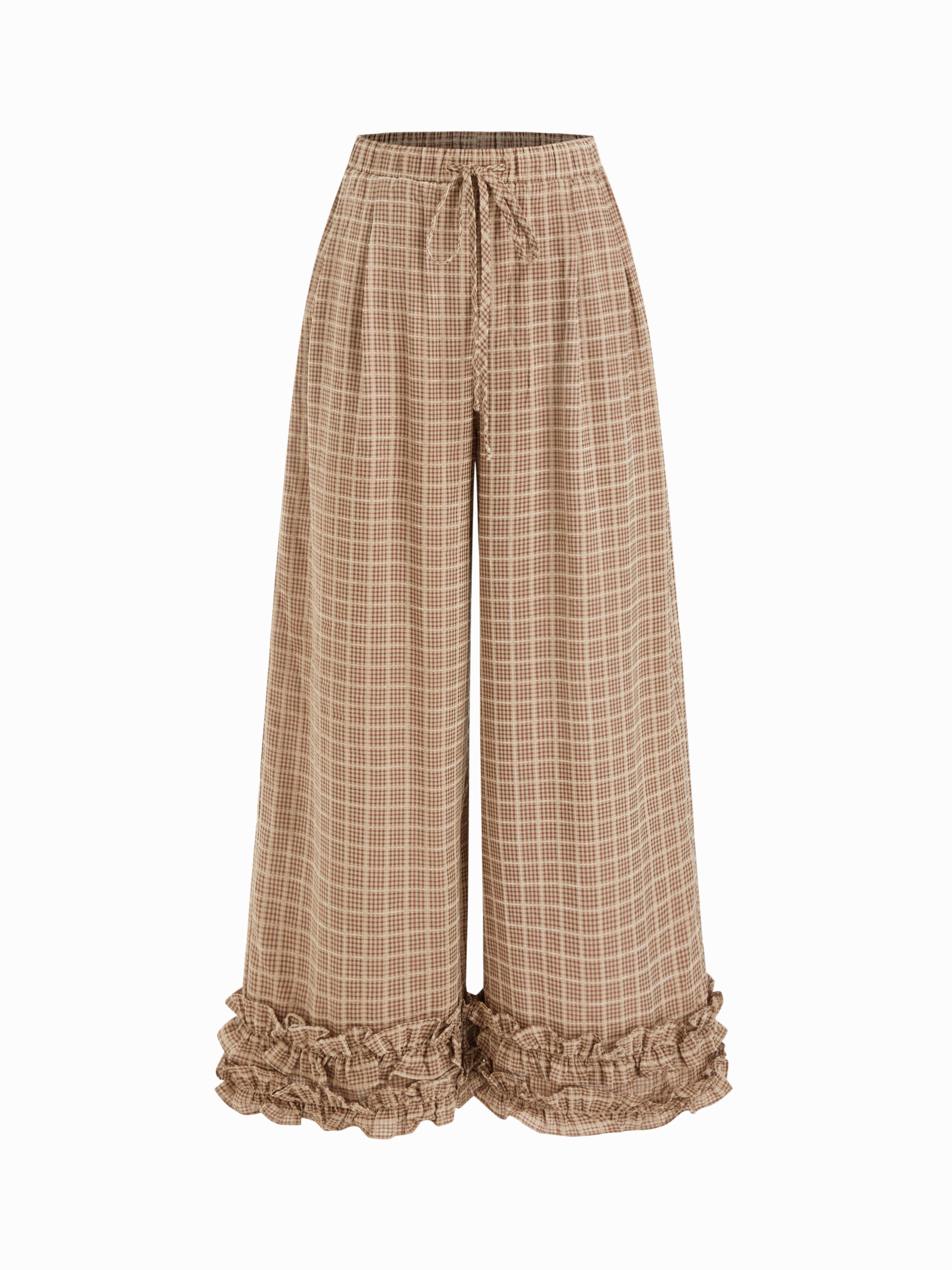 Mid Rise Check Drawstring Lettuce Trim Trousers by CIDER