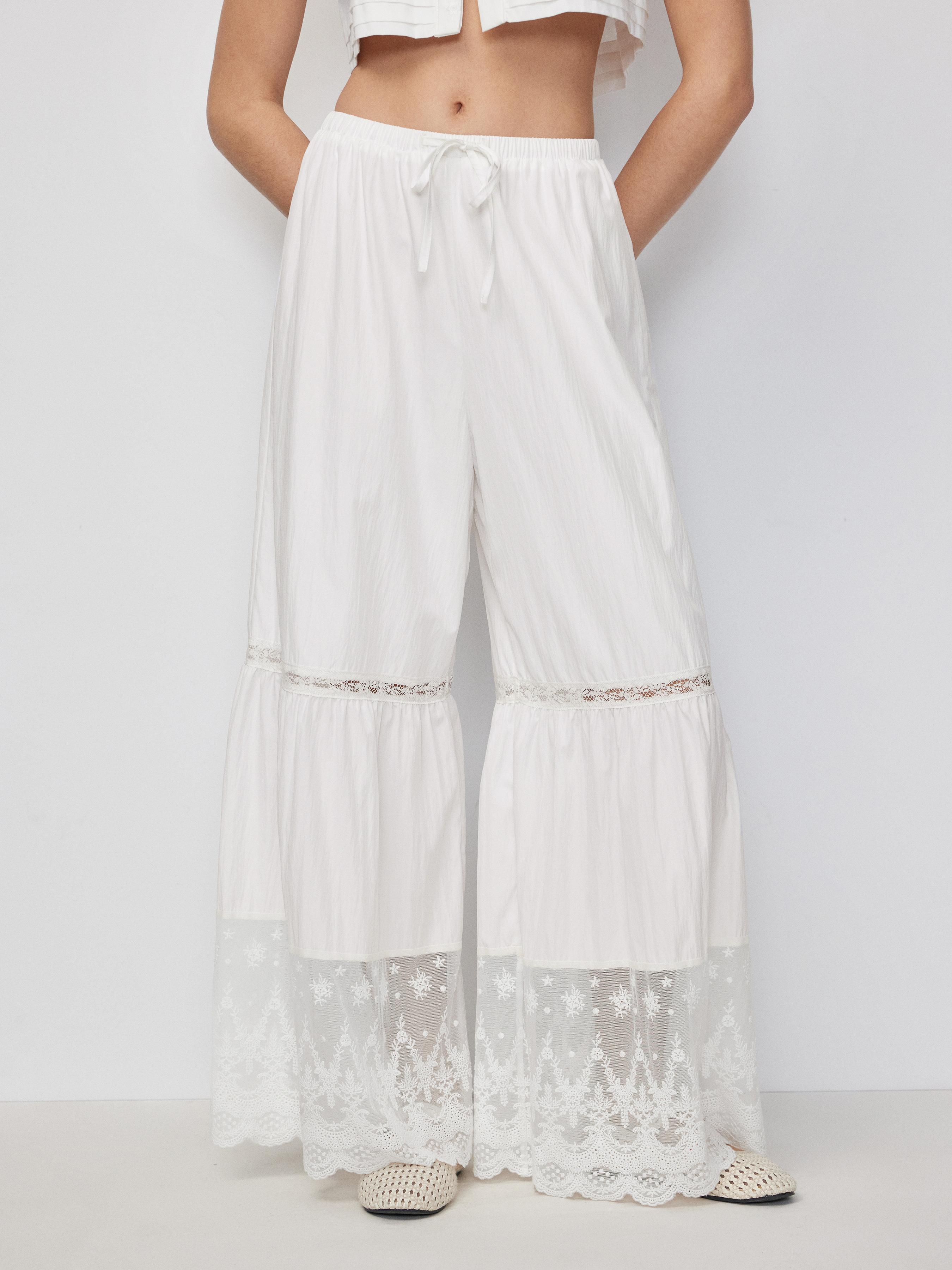 Mid Rise Drawstring Lace Trim Wide Leg Trousers by CIDER Mid Rise Drawstring Lace Trim Wide Leg Trousers by CIDER