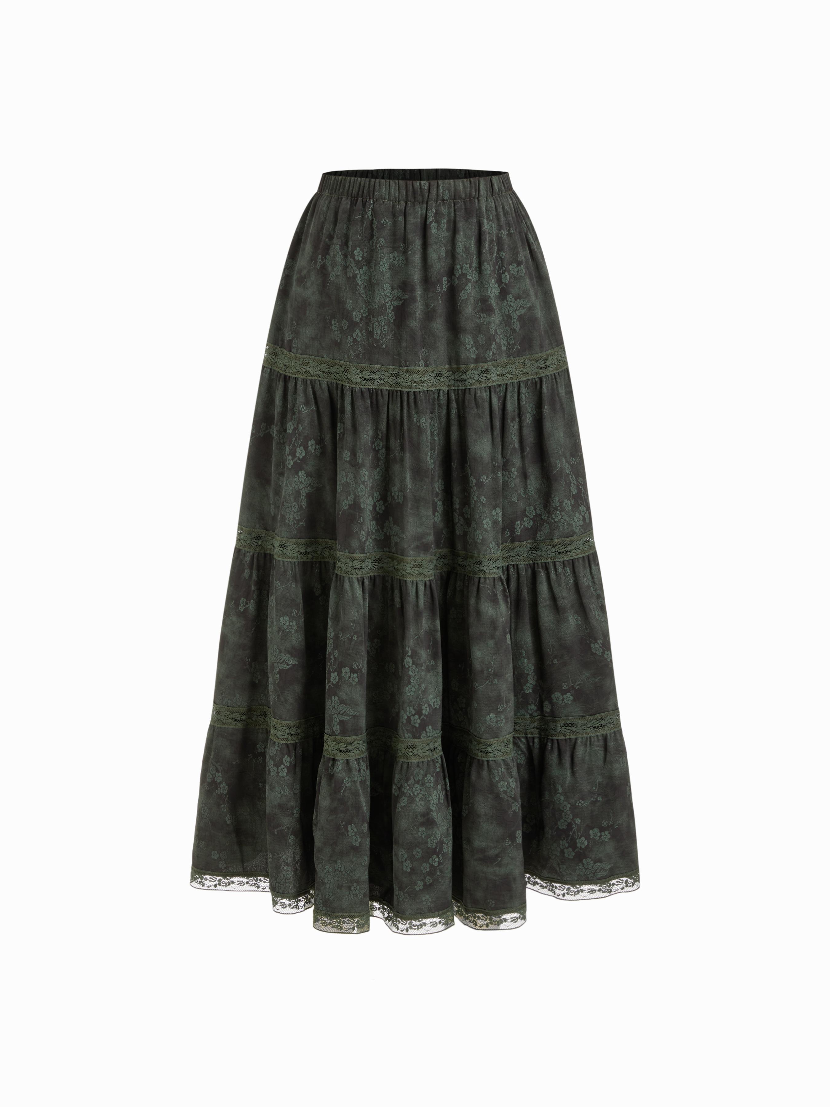 Mid Rise Elastic Waist Floral Lace Trim Tiered Maxi Skirt by CIDER