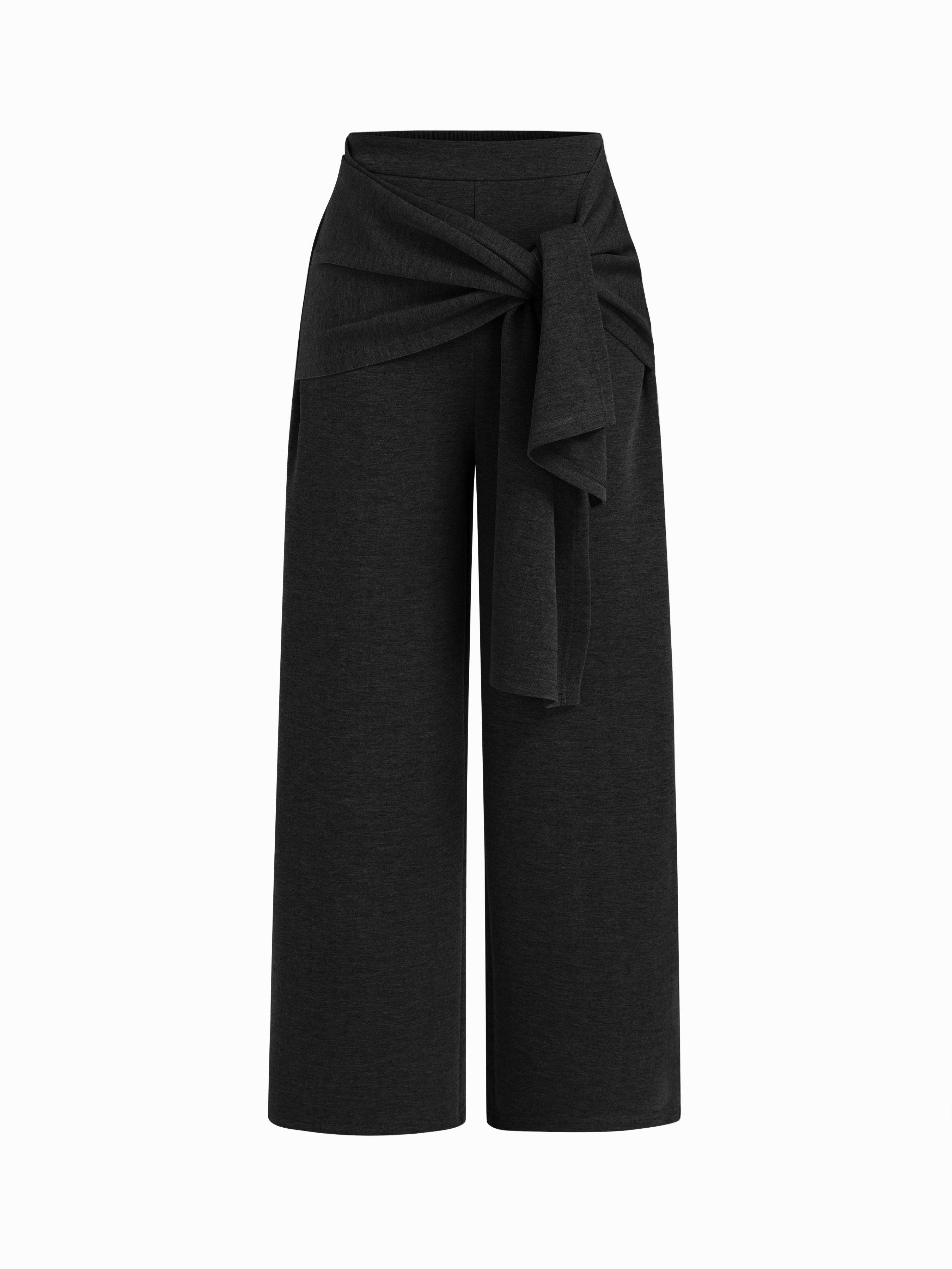 Mid Rise Elastic Waist Tie Front Wide Leg Trousers by CIDER
