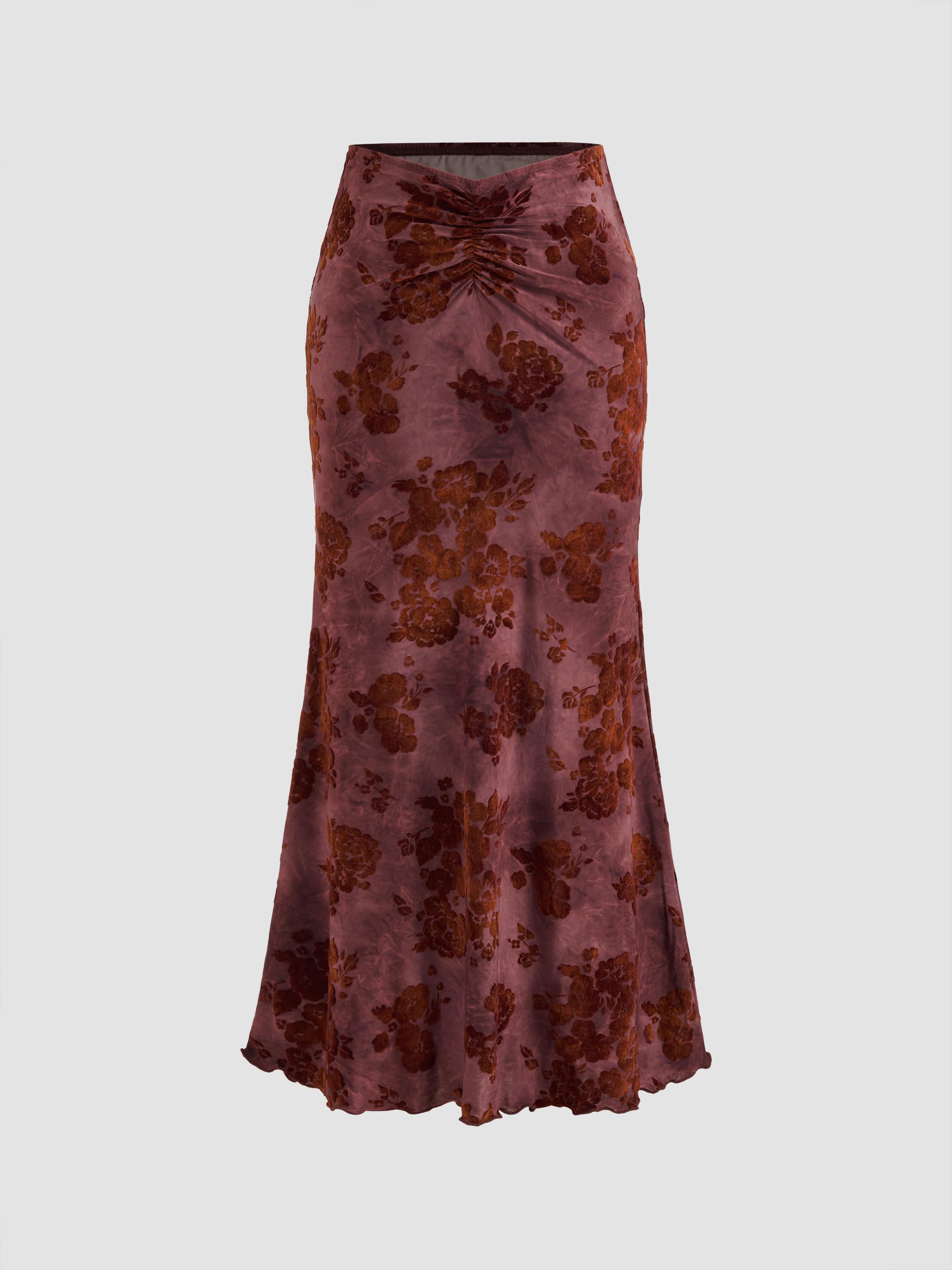 Mid Rise Floral Ruched Maxi Mermaid Skirt by CIDER