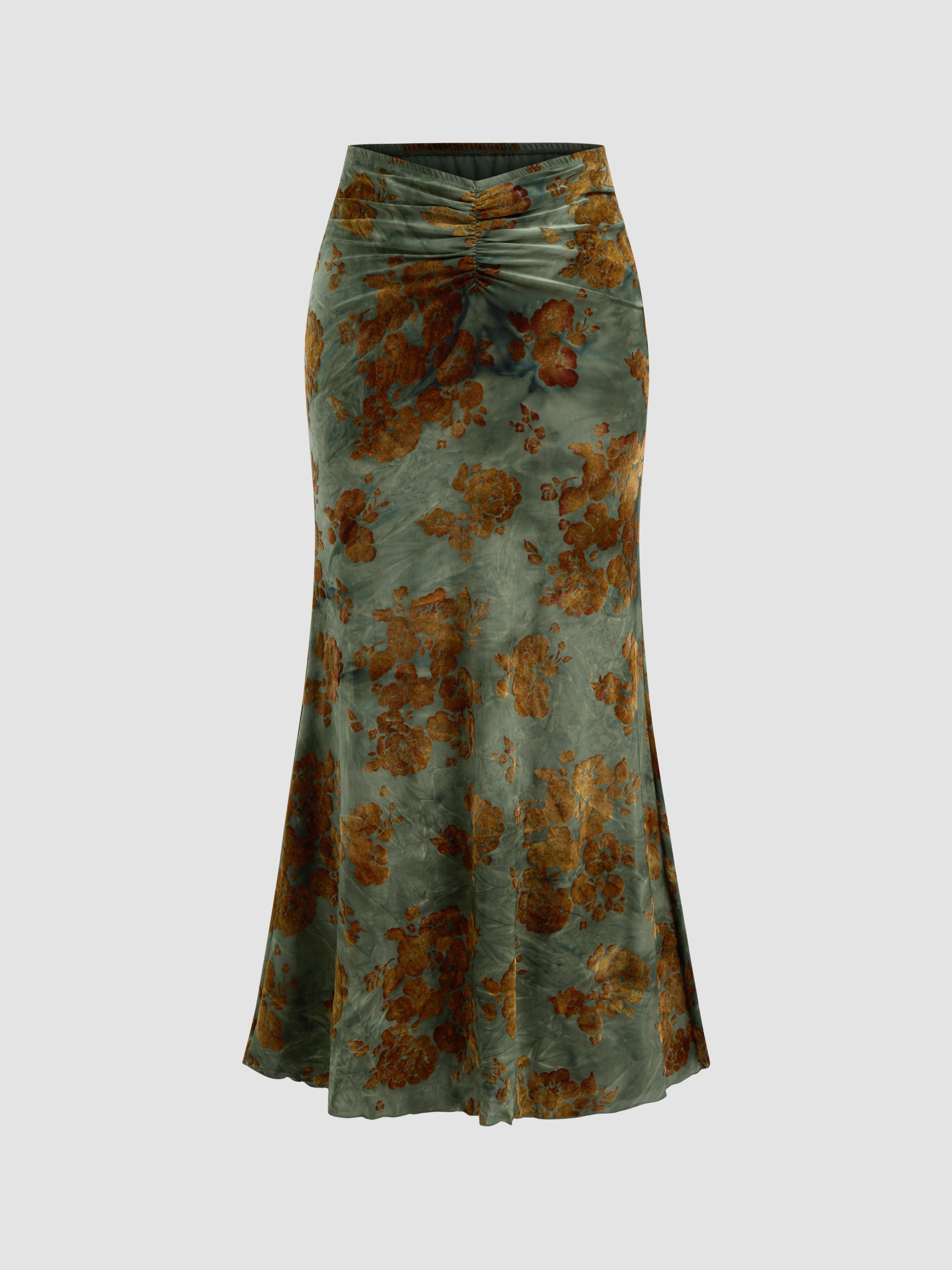 Mid Rise Floral Ruched Maxi Mermaid Skirt by CIDER