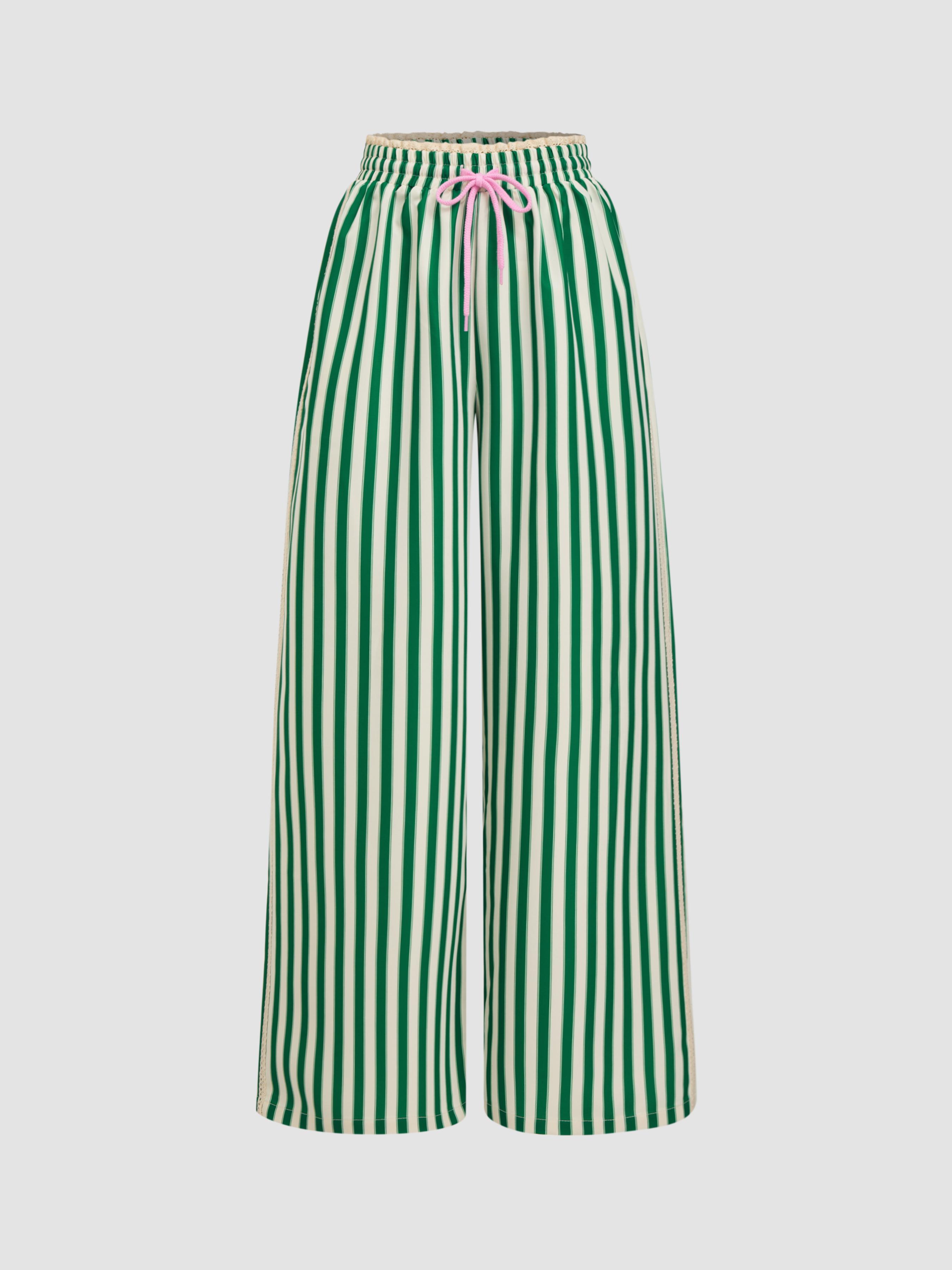 Mid Rise Knottd Stripe Elastic Waist Wide Leg Trousers by CIDER