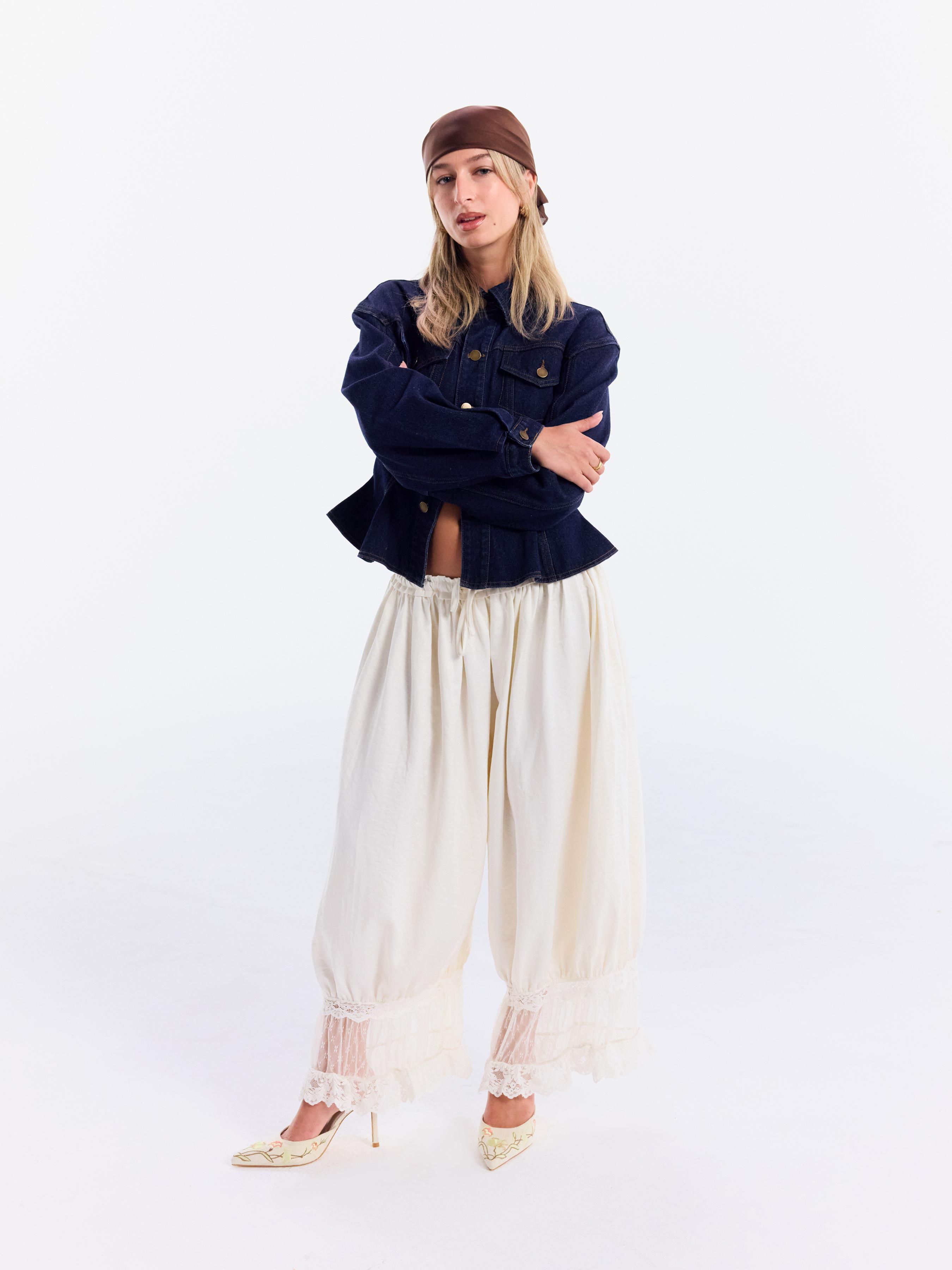 Mid Rise Lace Patched Drawstring Cropped Bloomer Pants by CIDER