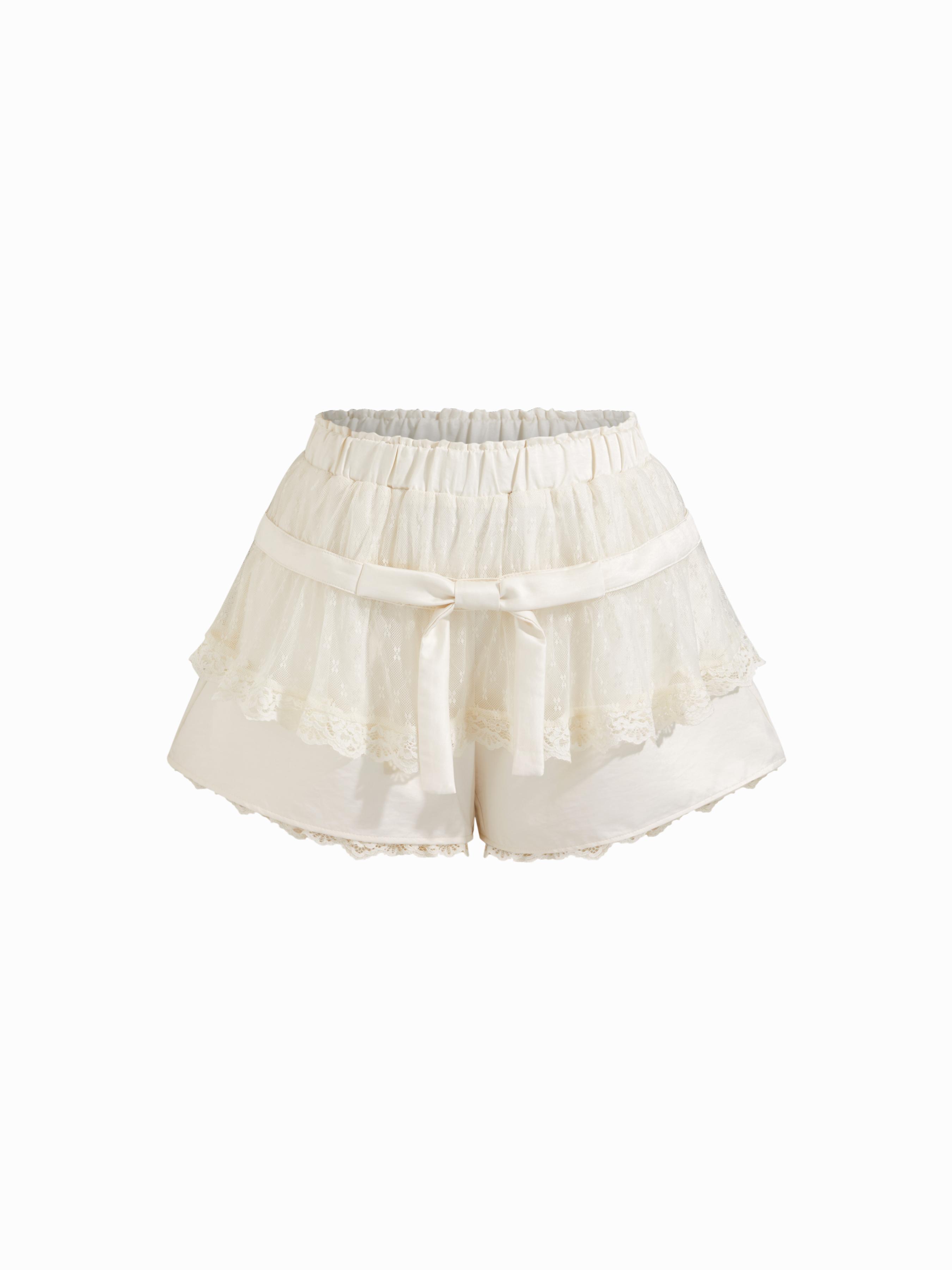 Mid Rise Lace Trim Tiered Micro Shorts by CIDER