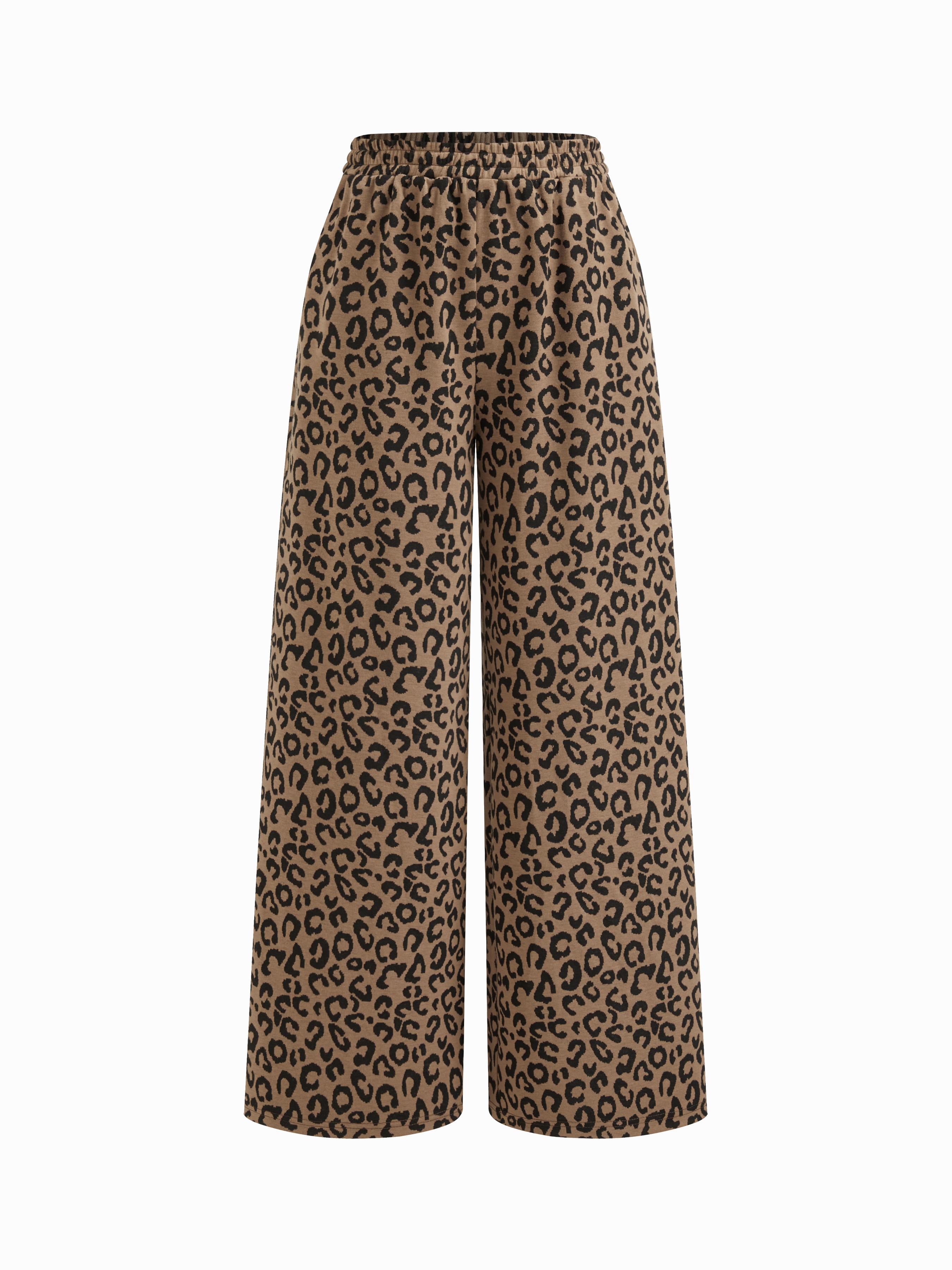 Mid Rise Leopard Print Elastic Waist Wide Leg Trousers by CIDER