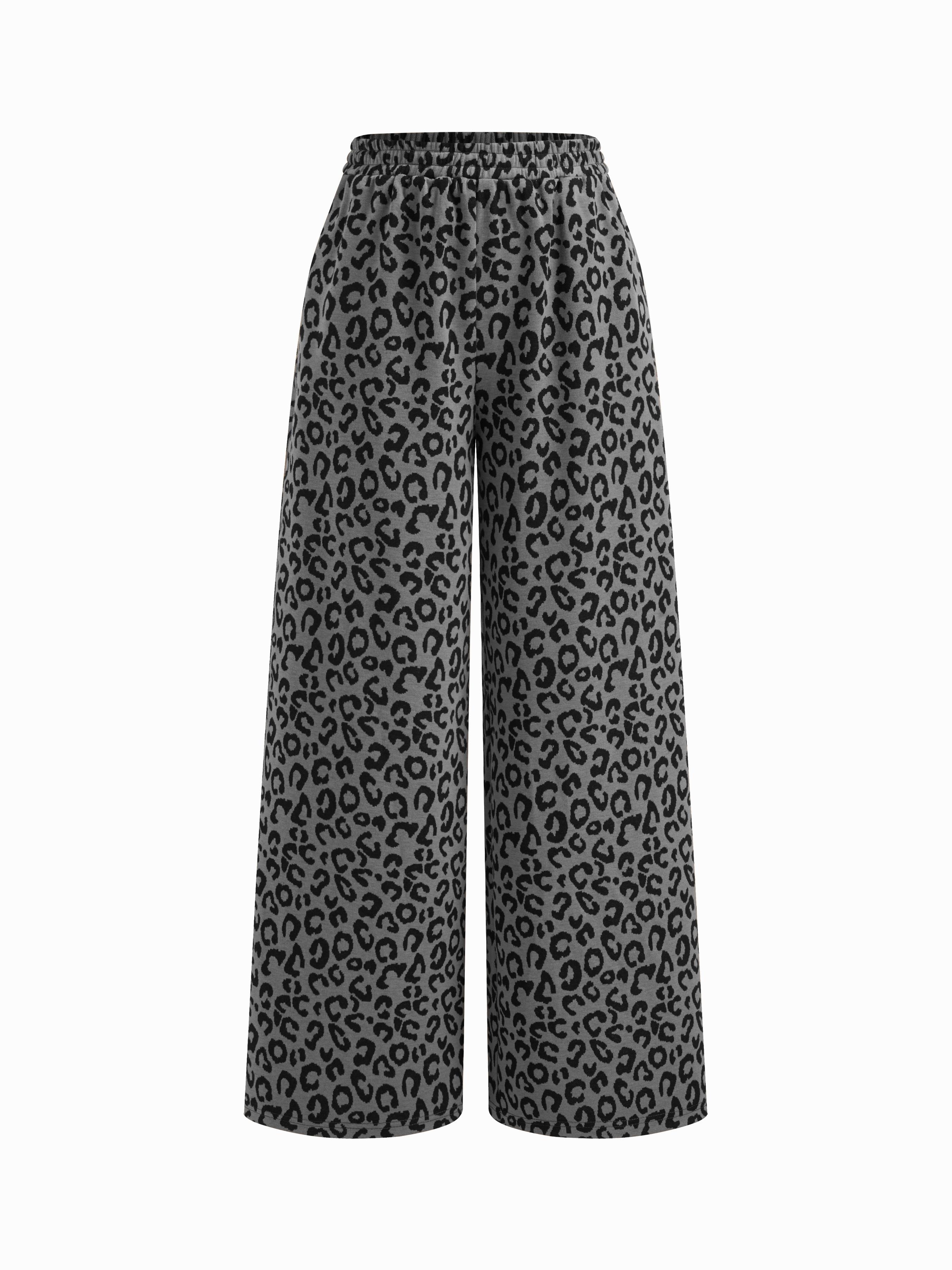 Mid Rise Leopard Print Elastic Waist Wide Leg Trousers by CIDER