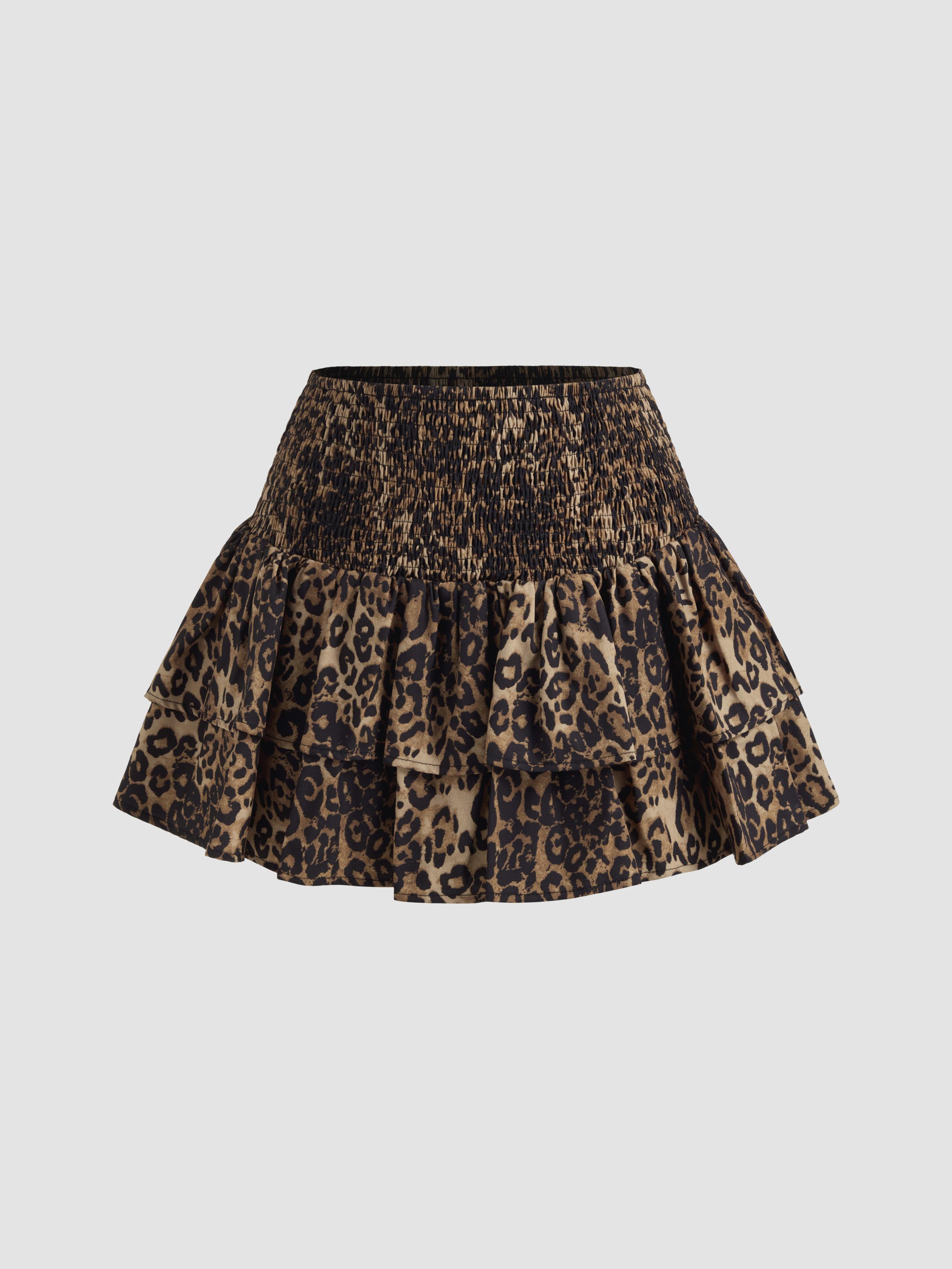 Mid Rise Leopard Shirred Layered Mini Skirt by CIDER