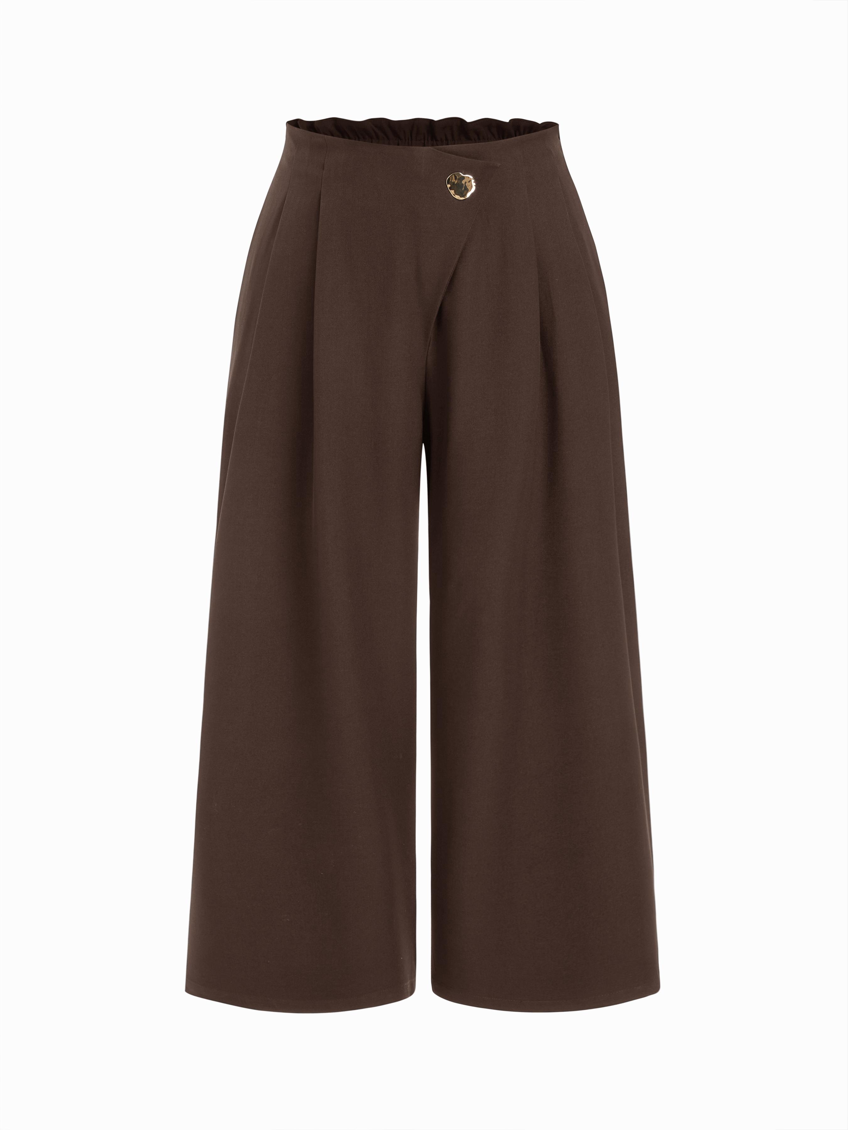 Mid Rise Metal Detail Pleated Wide Leg Trousers Curve & Plus by CIDER