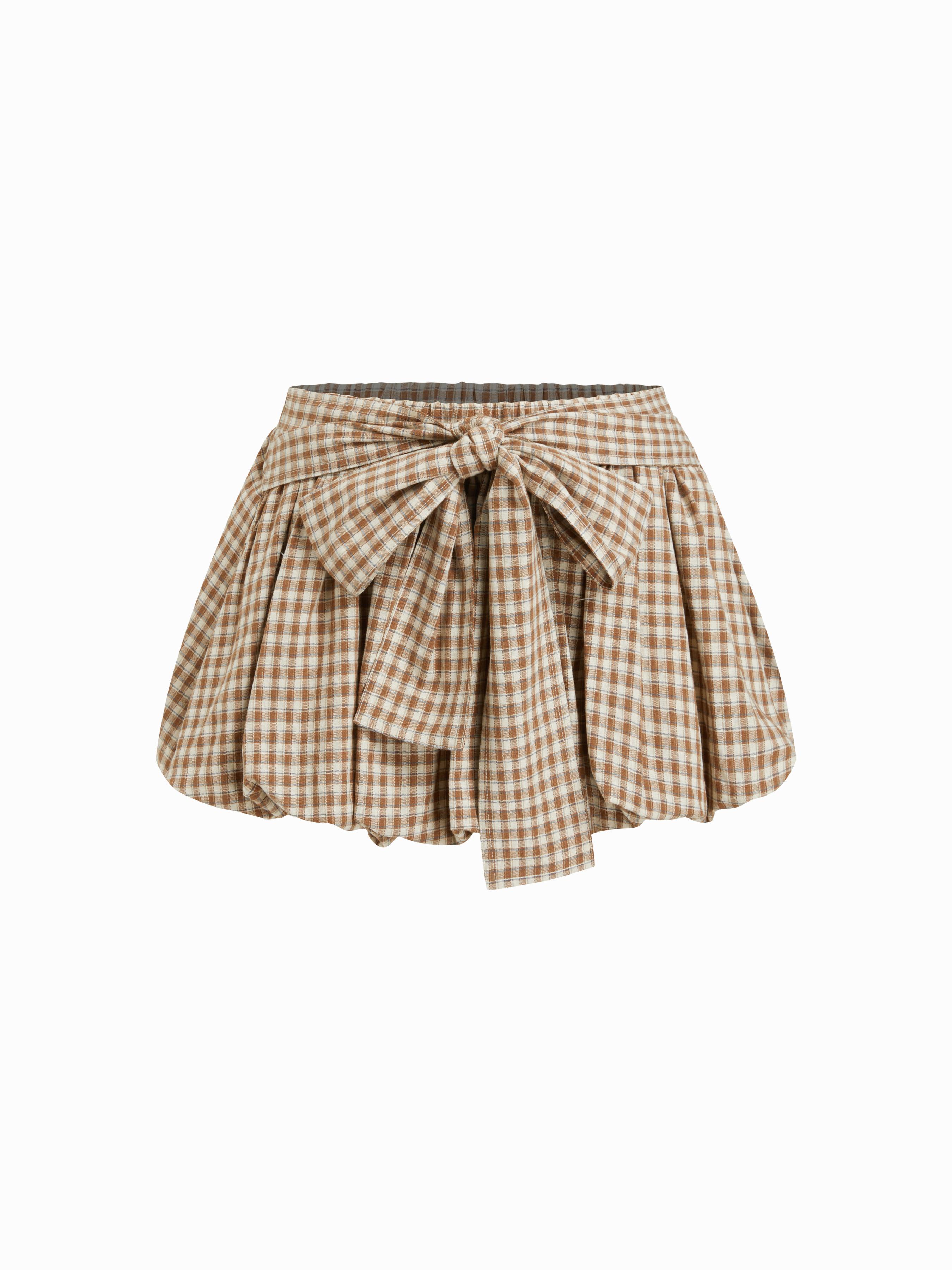 Mid Rise Plaid Bowknot Bubble Hem Mini Skort by CIDER