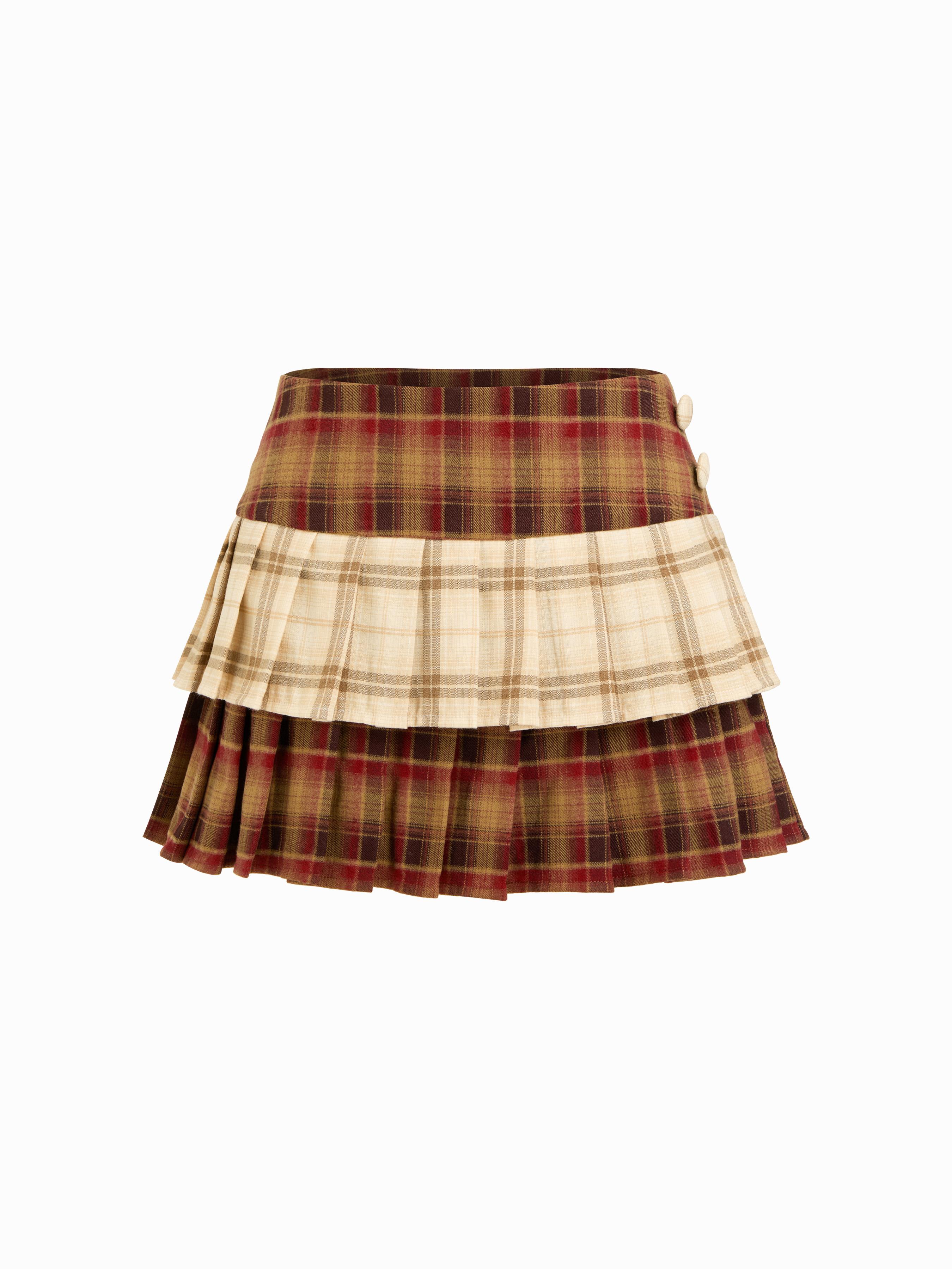 Mid Rise Plaid Colorblock Layered Pleated Mini Skirt by CIDER