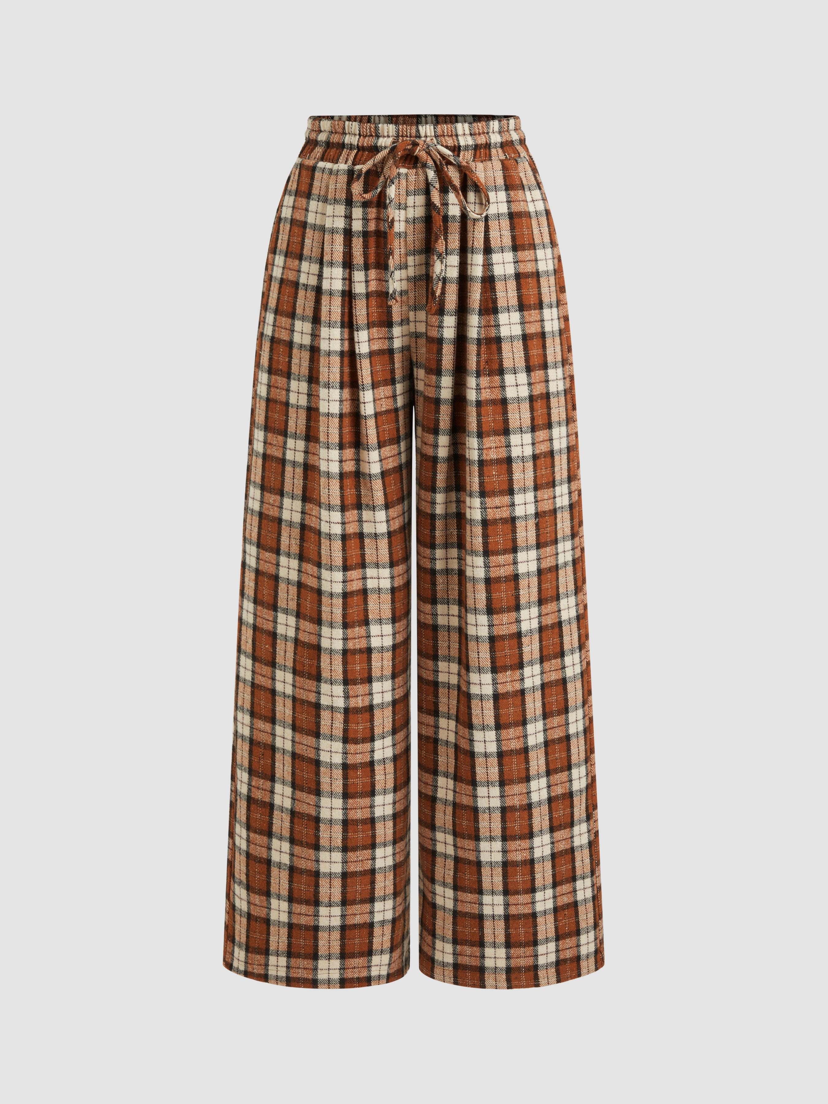 Mid Rise Plaid Drawstring Straight Leg Trousers by CIDER