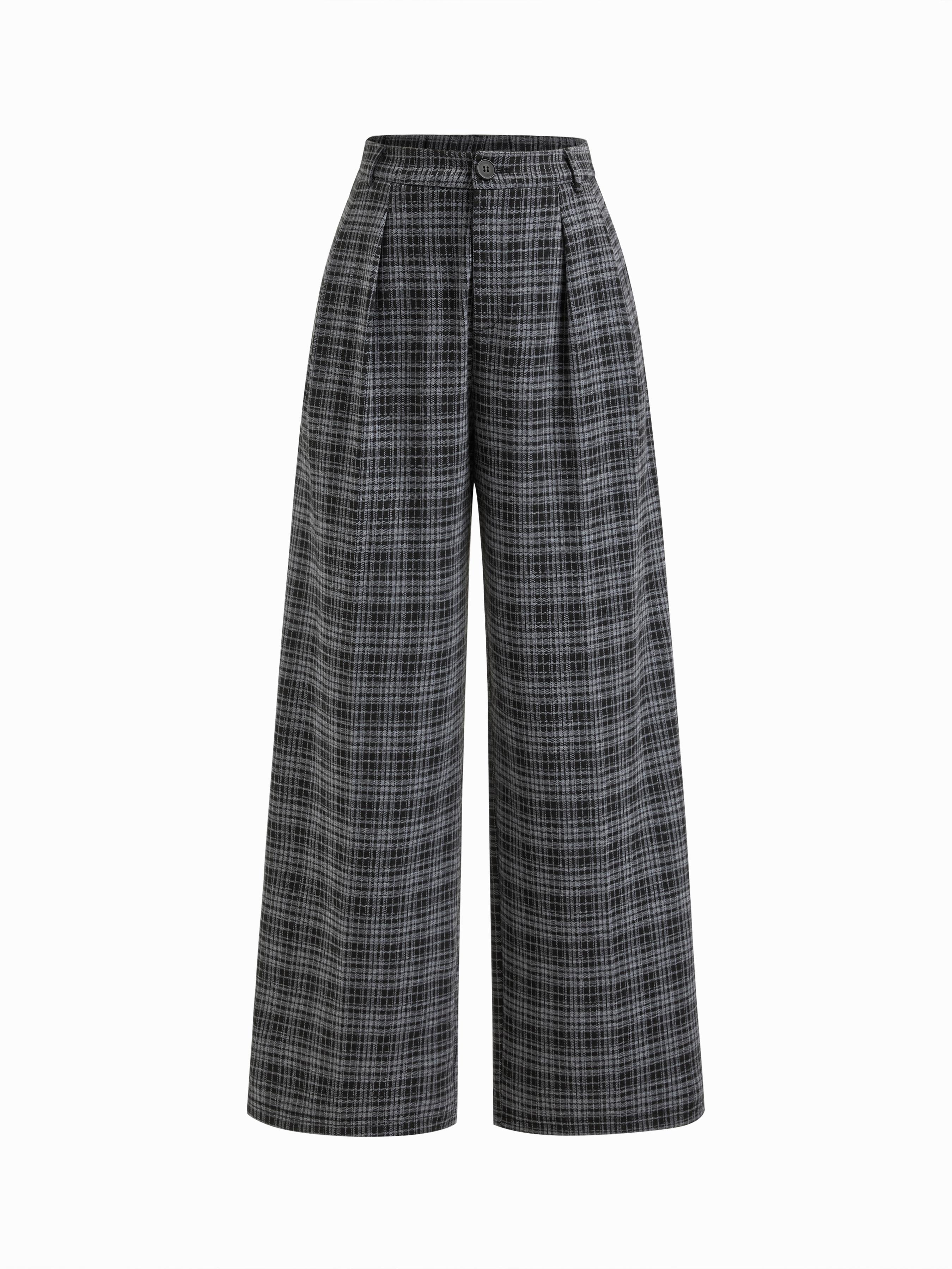 Mid Rise Plaid Pleated Wide Leg Trousers by CIDER