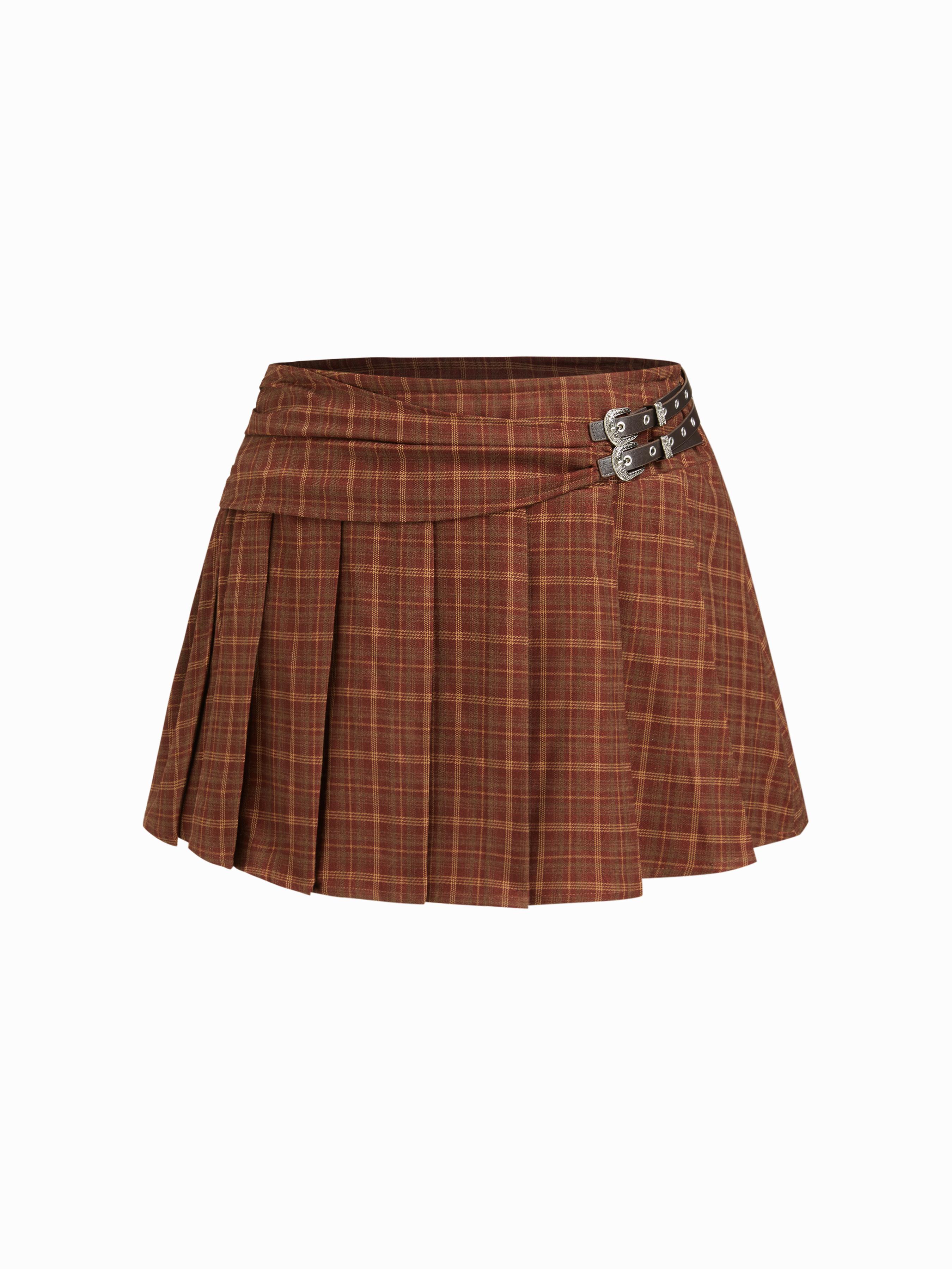 Mid Rise Plaid Ruched Pleated Micro Mini Skirt With Belt Curve & Plus by CIDER