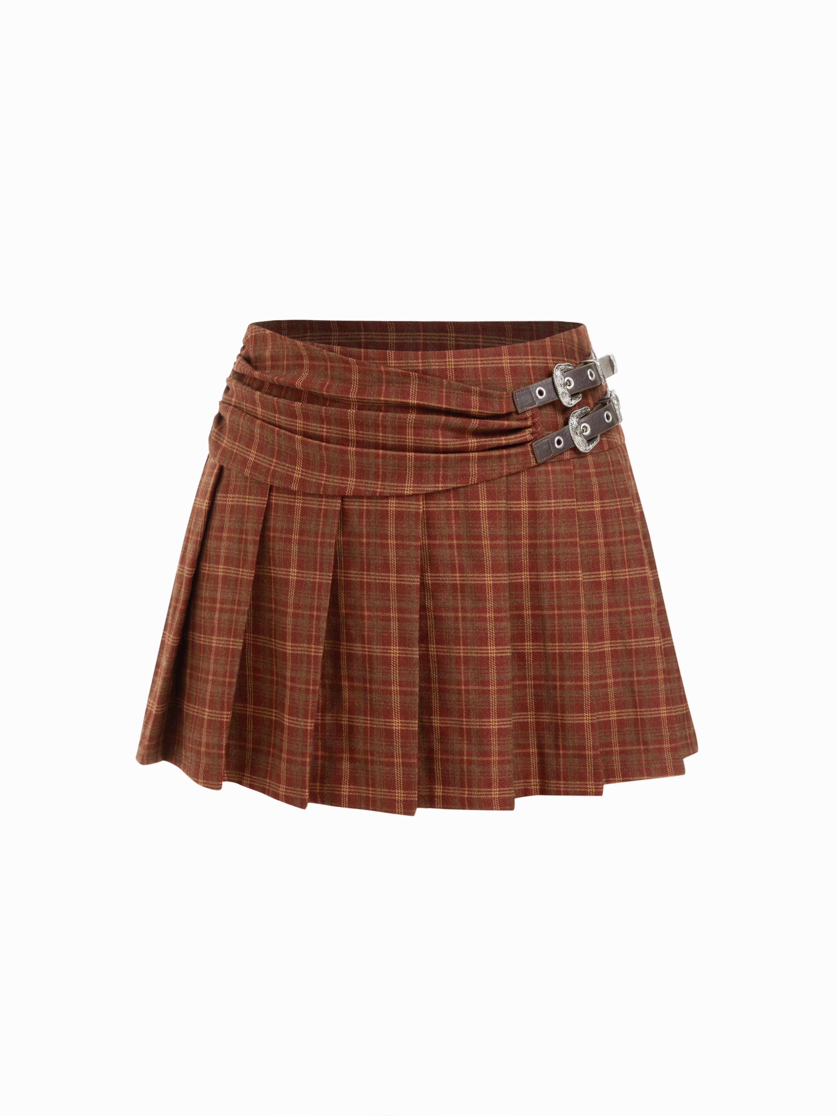 Mid Rise Plaid Ruched Pleated Mini Skirt With Belt by CIDER