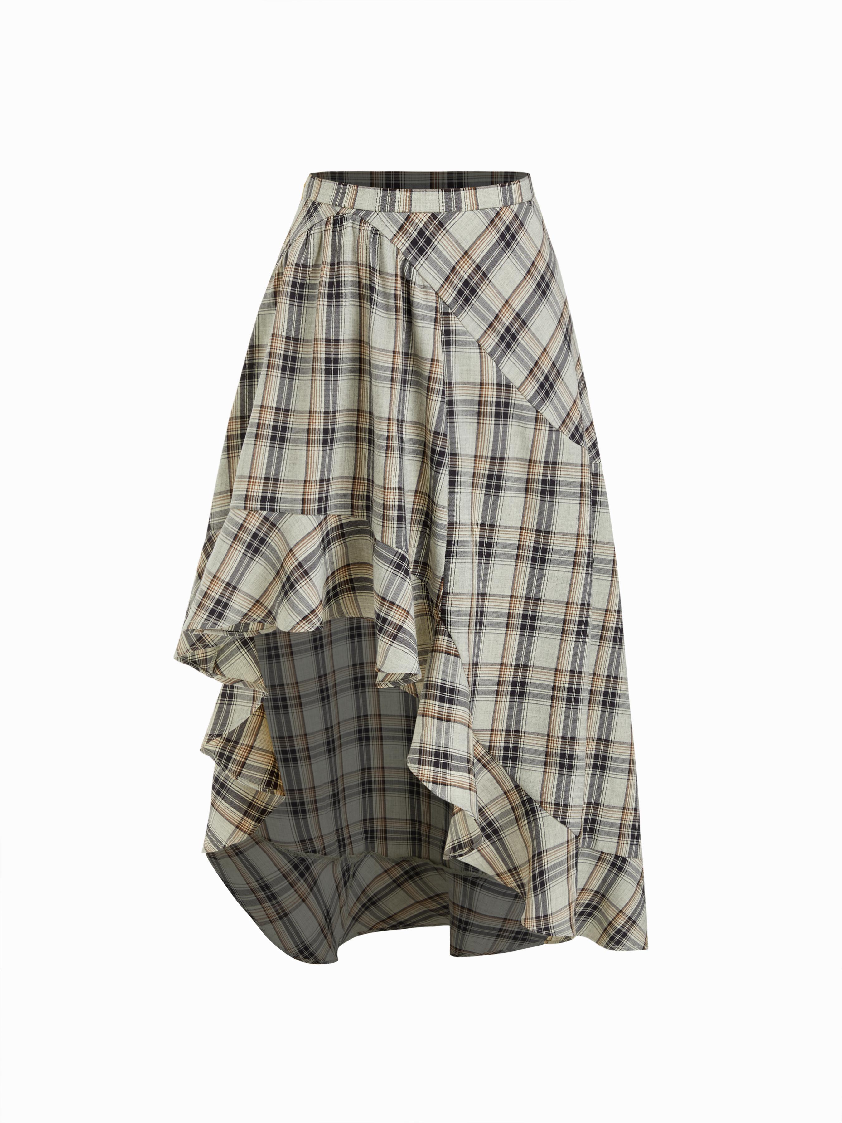 Mid Rise Plaid Ruffle Hem Maxi Skirt by CIDER