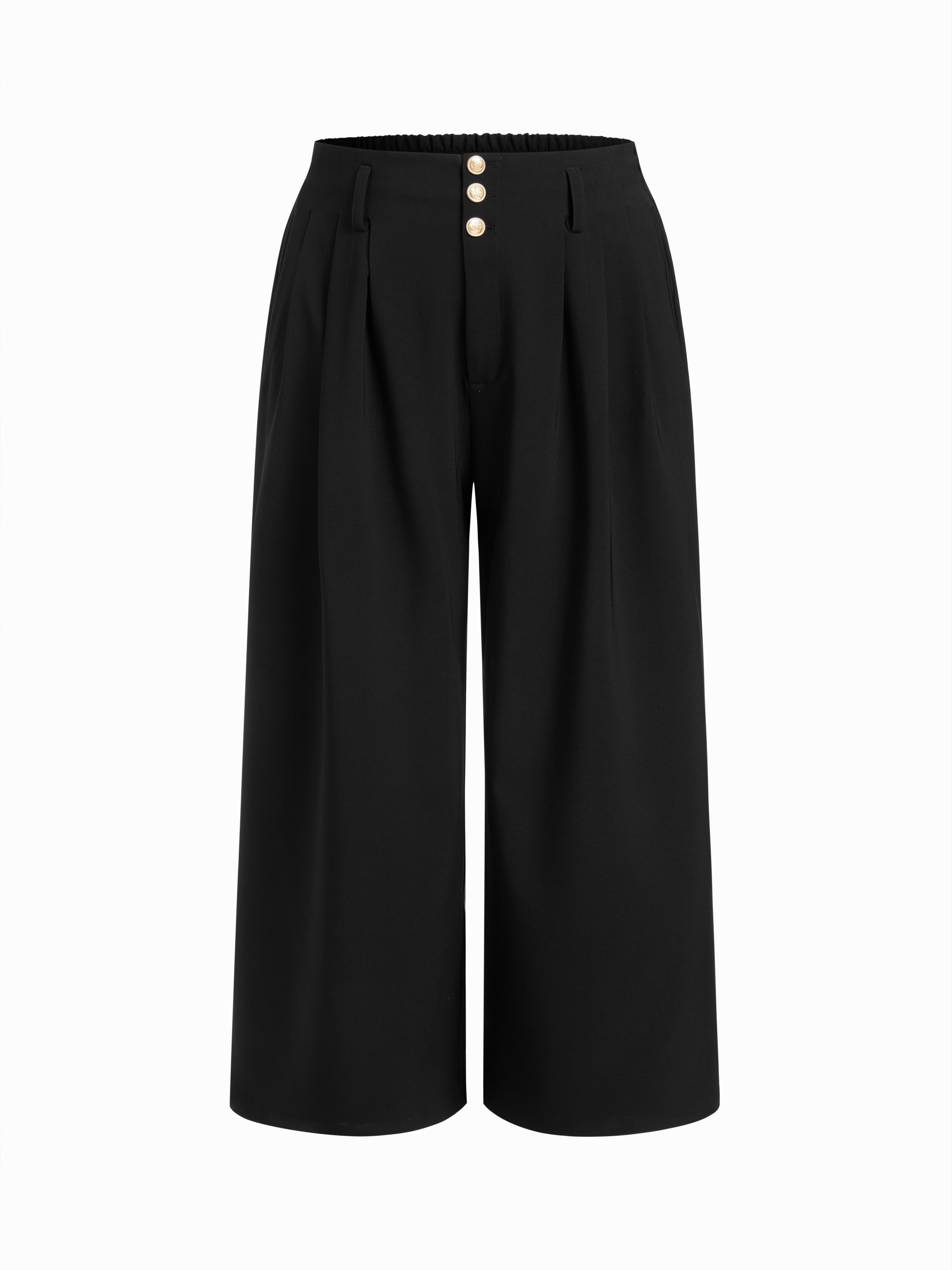 Mid Rise Pleated Button Wide Leg Trousers Curve & Plus by CIDER