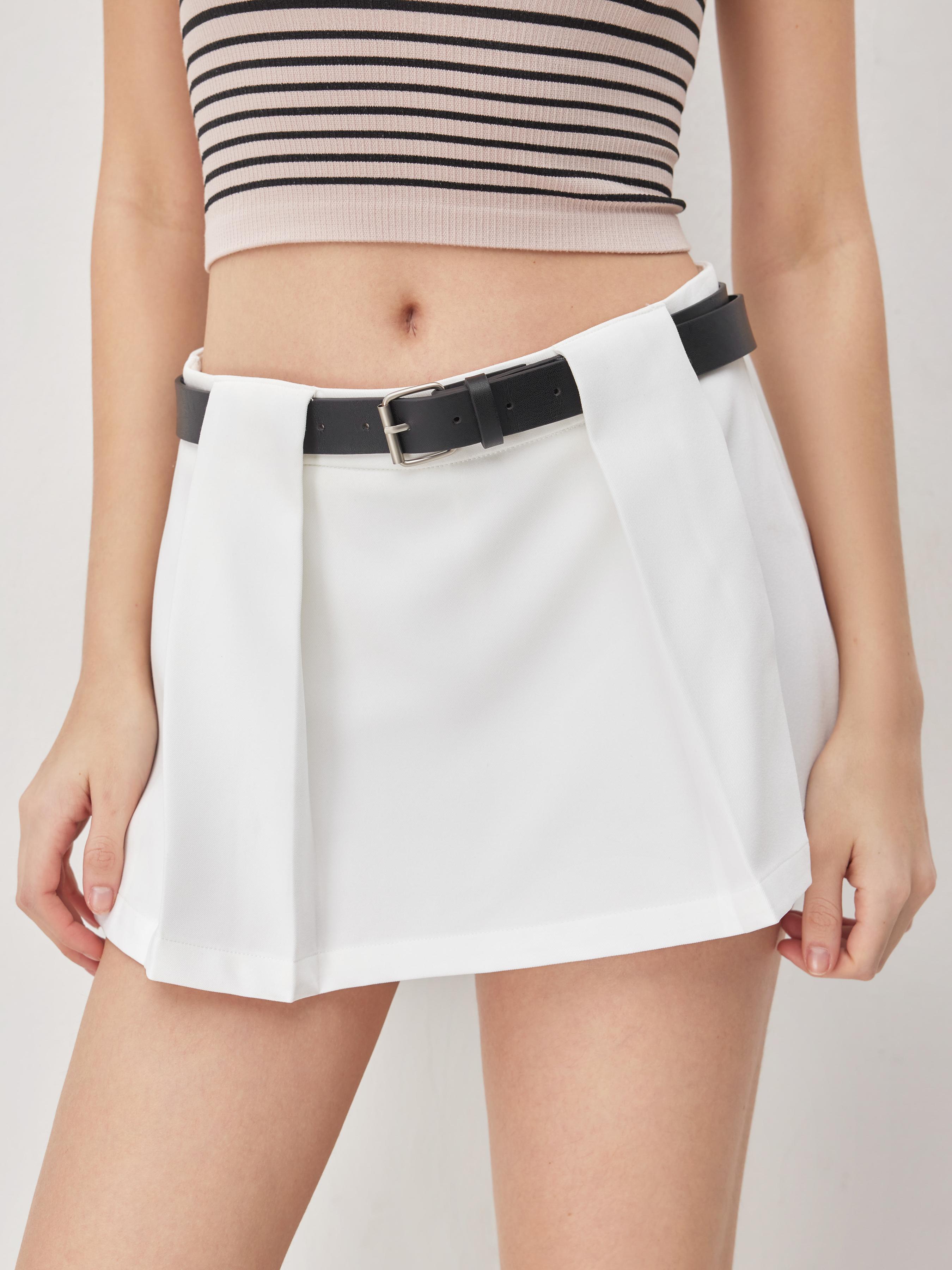 Mid Rise Pleated Micro Skort With Belt by CIDER