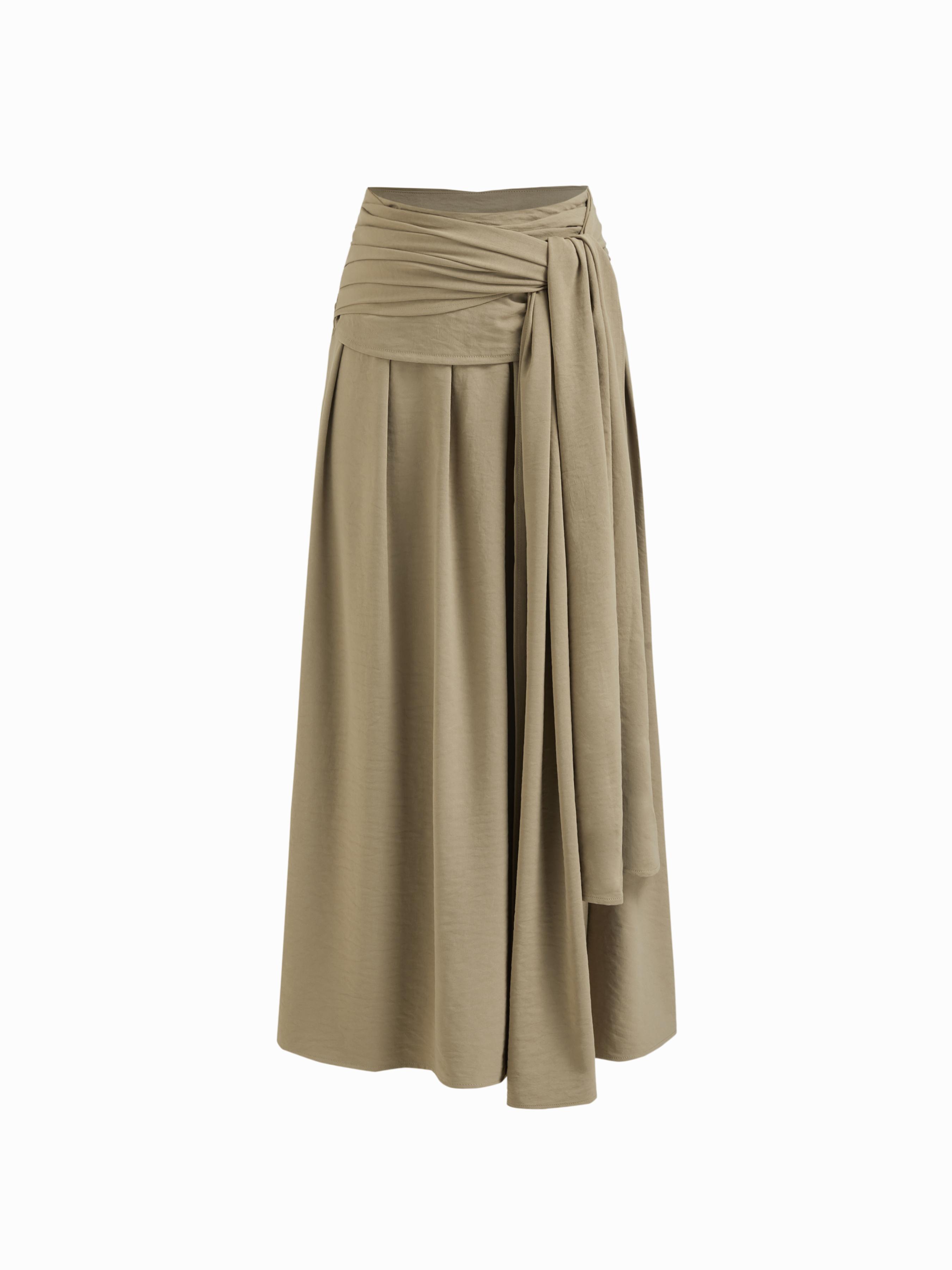 Mid Rise Pleated Tide Waist Midi Skirt by CIDER