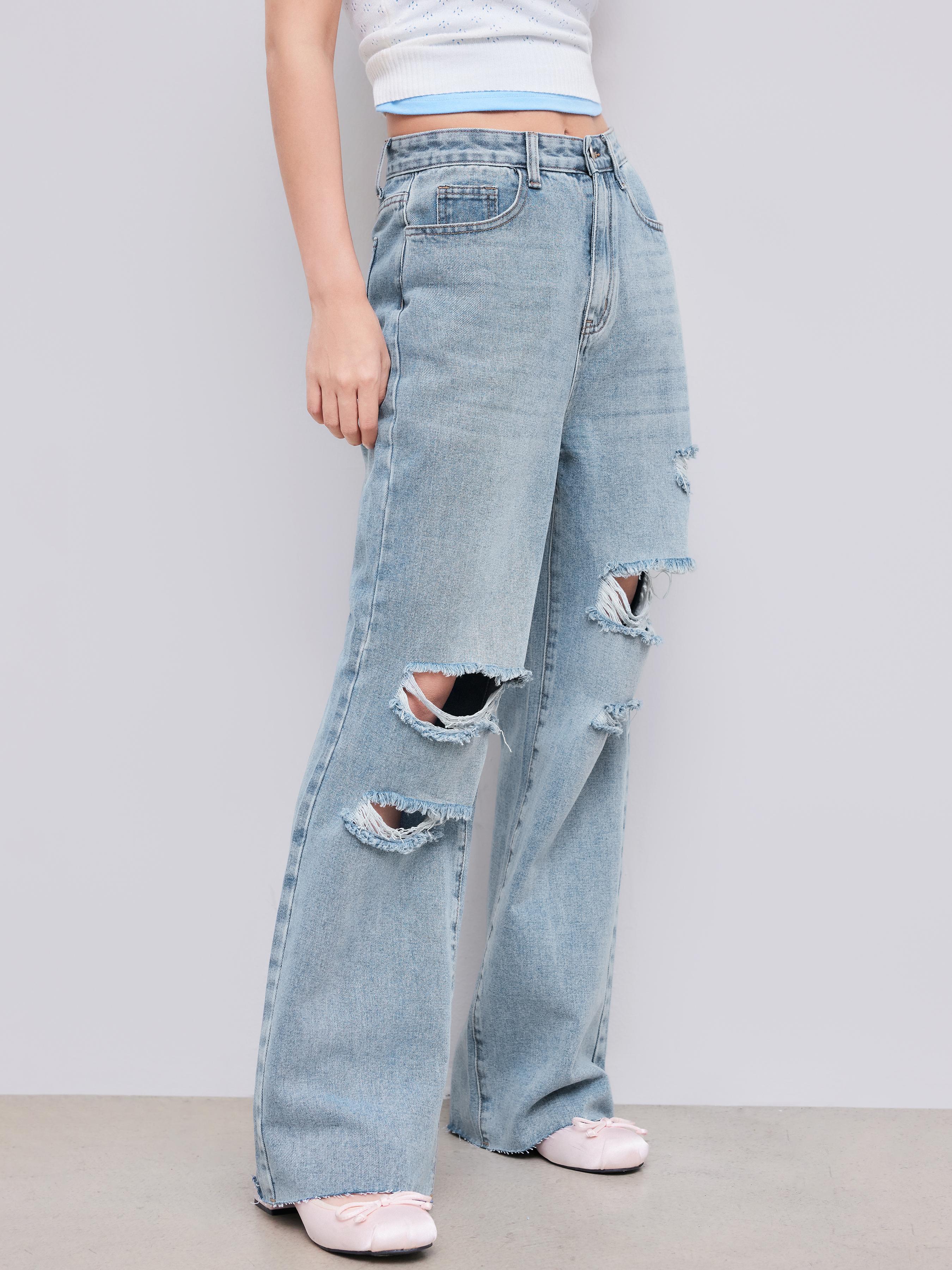 Mid Rise Ripped Straight Leg Jeans by CIDER