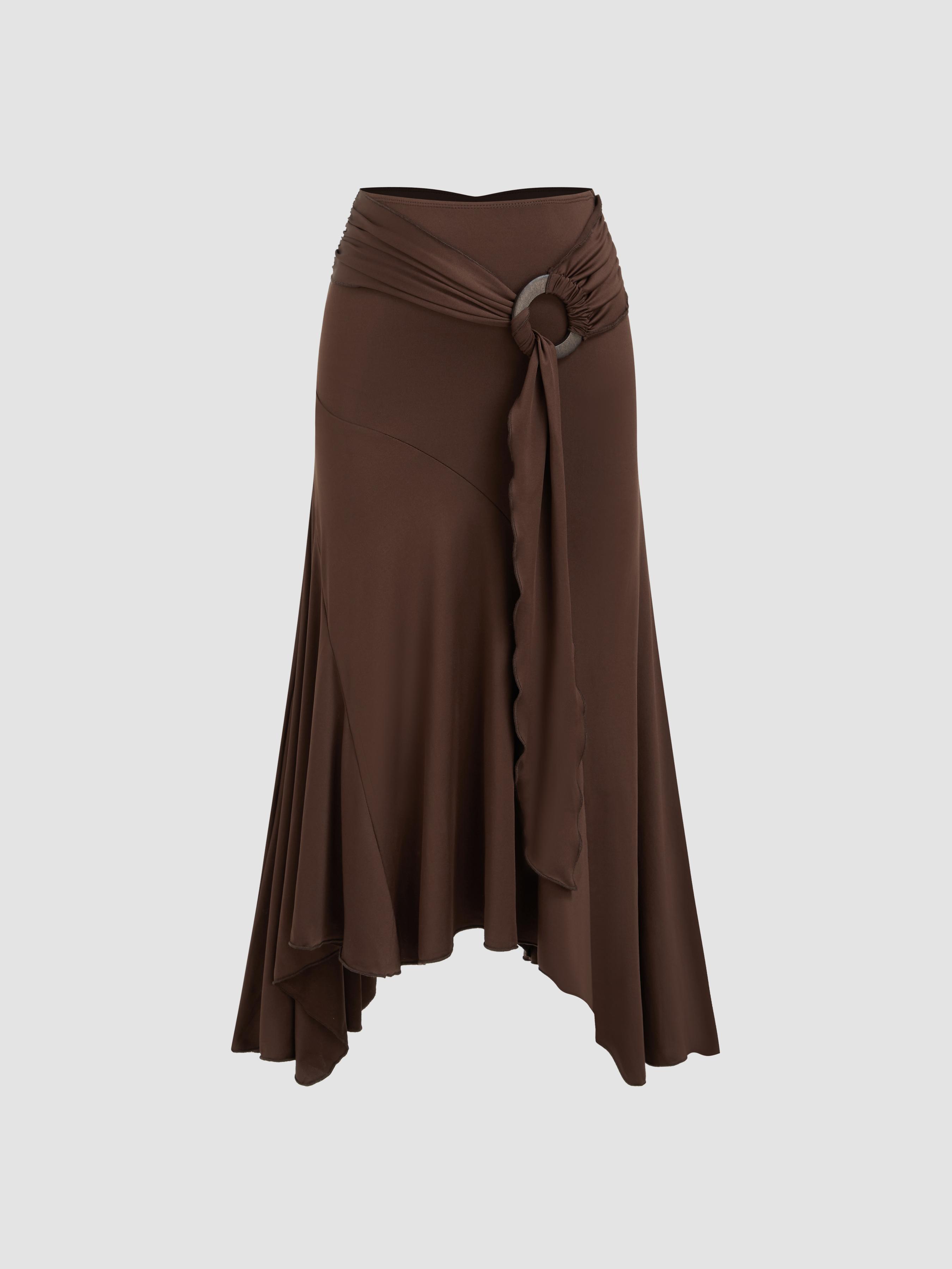 Mid Rise Ruffle Hem Pierced Ruched Maxi Skirt by CIDER