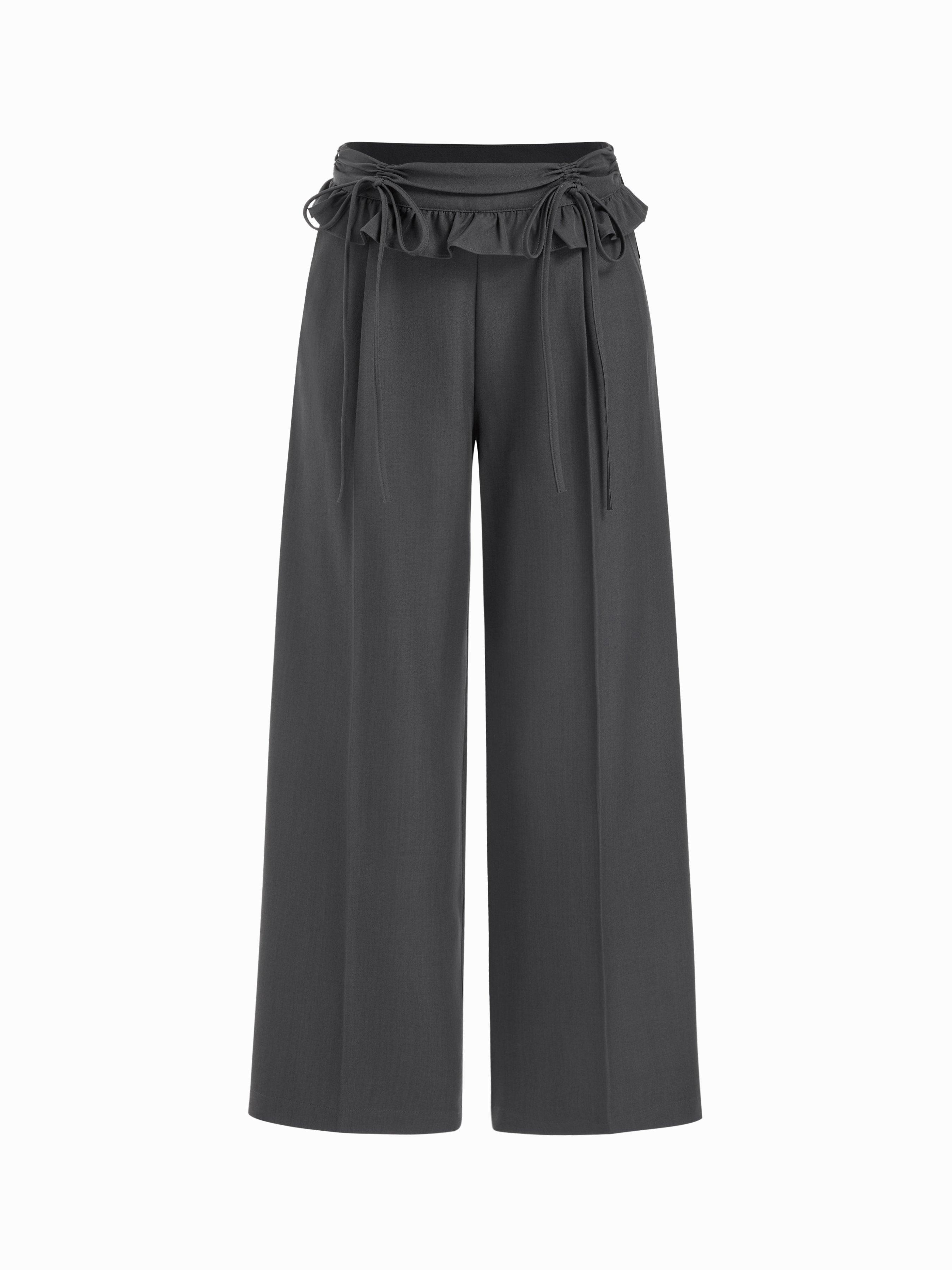 Mid Rise Ruffled Drawstring Wide Leg Trousers by CIDER