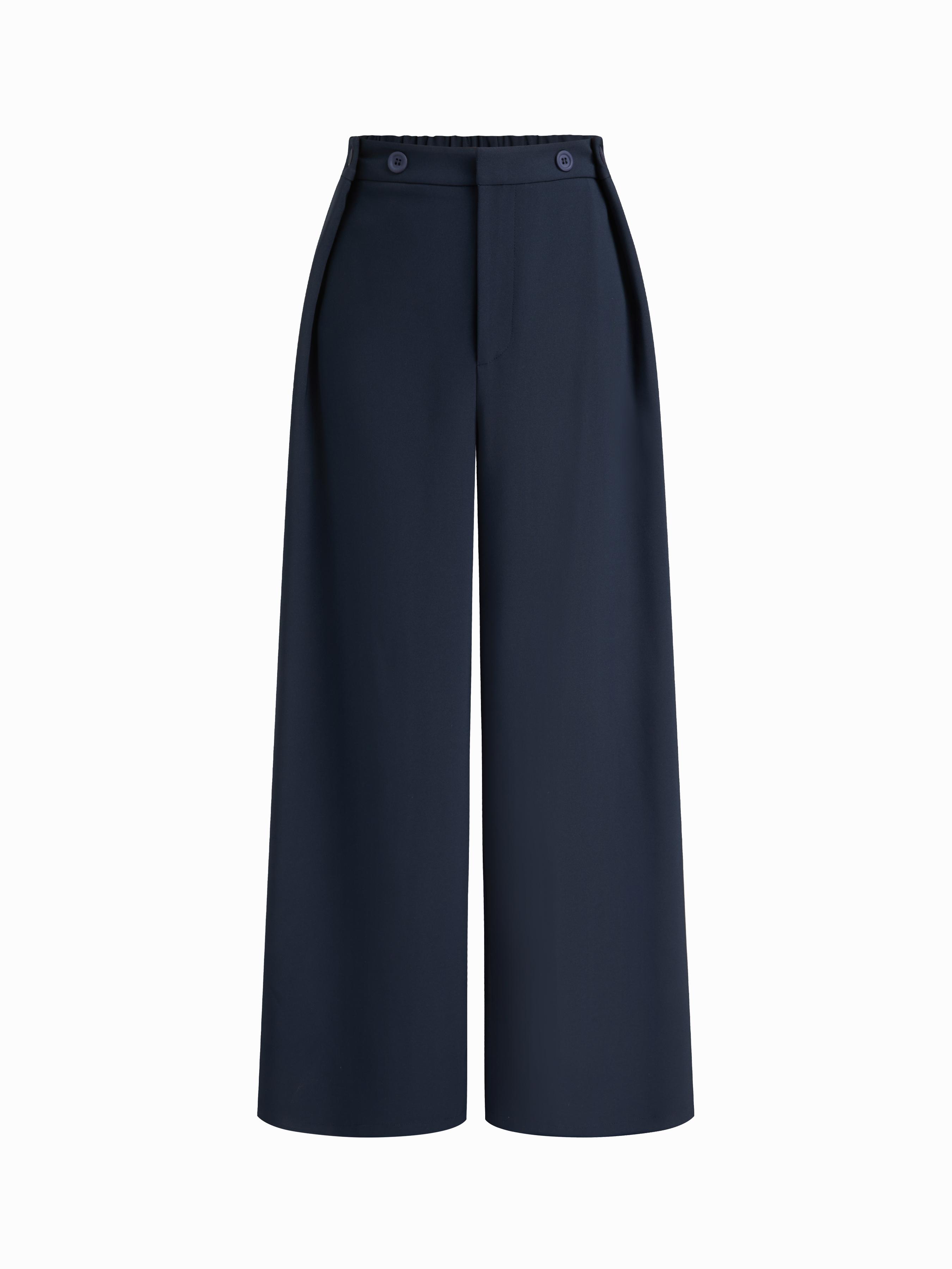 Mid Rise Solid Button Elastic Waist Wide Leg Trousers by CIDER