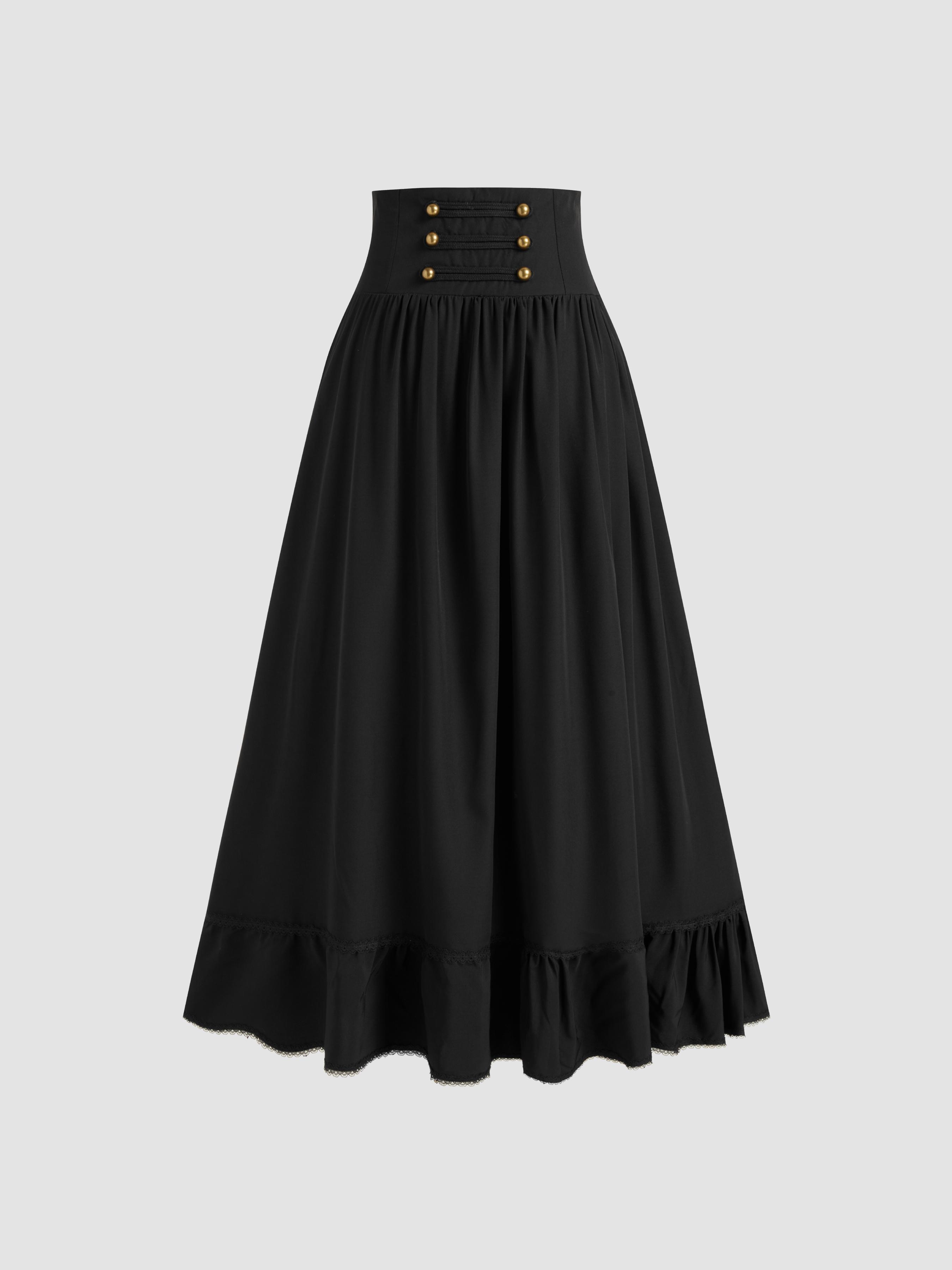 Mid Rise Solid Button Lace Up Ruffle Maxi Skirt by CIDER