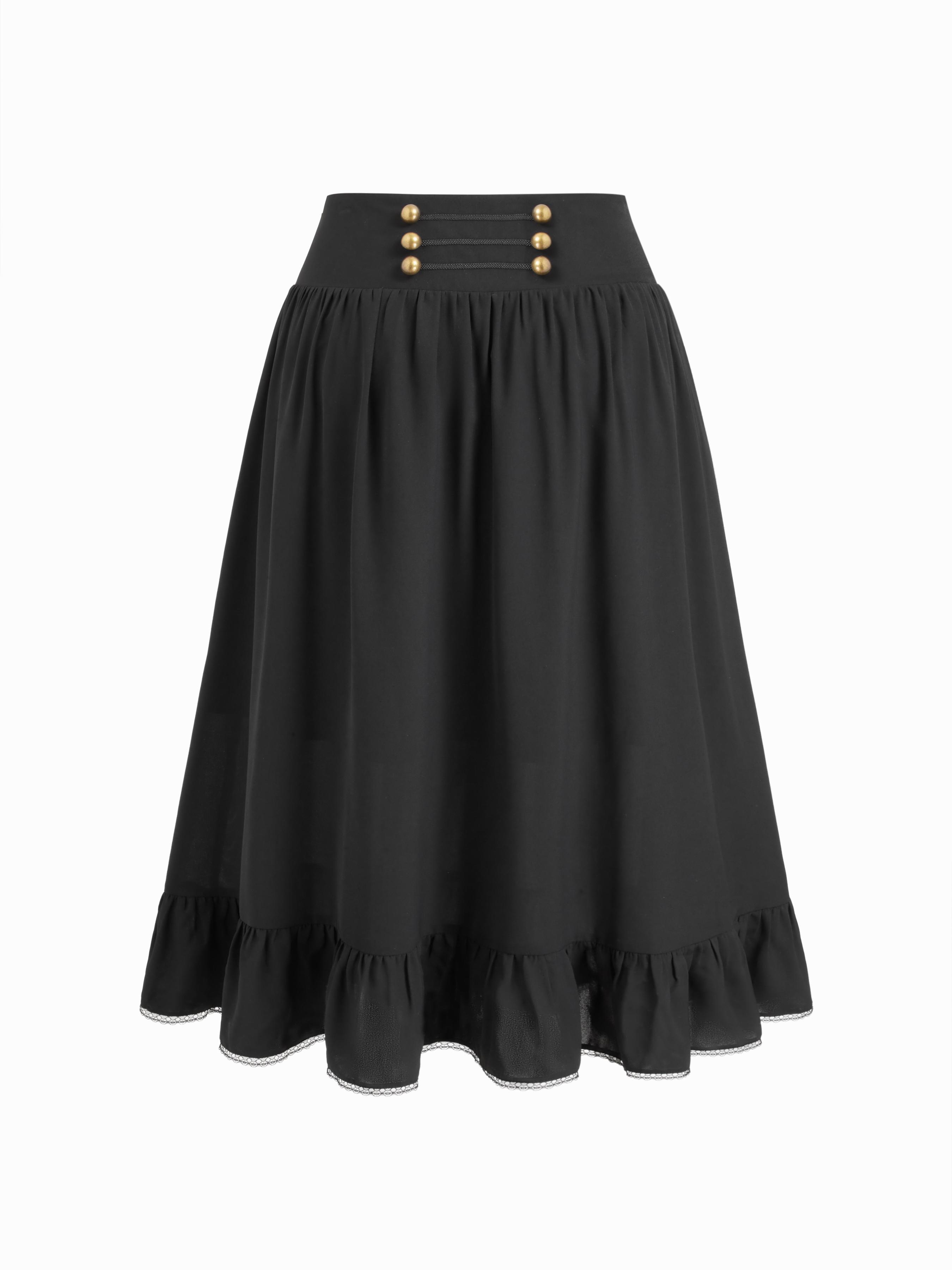 Mid Rise Solid Button Lace Up Ruffle Maxi Skirt Curve & Plus by CIDER