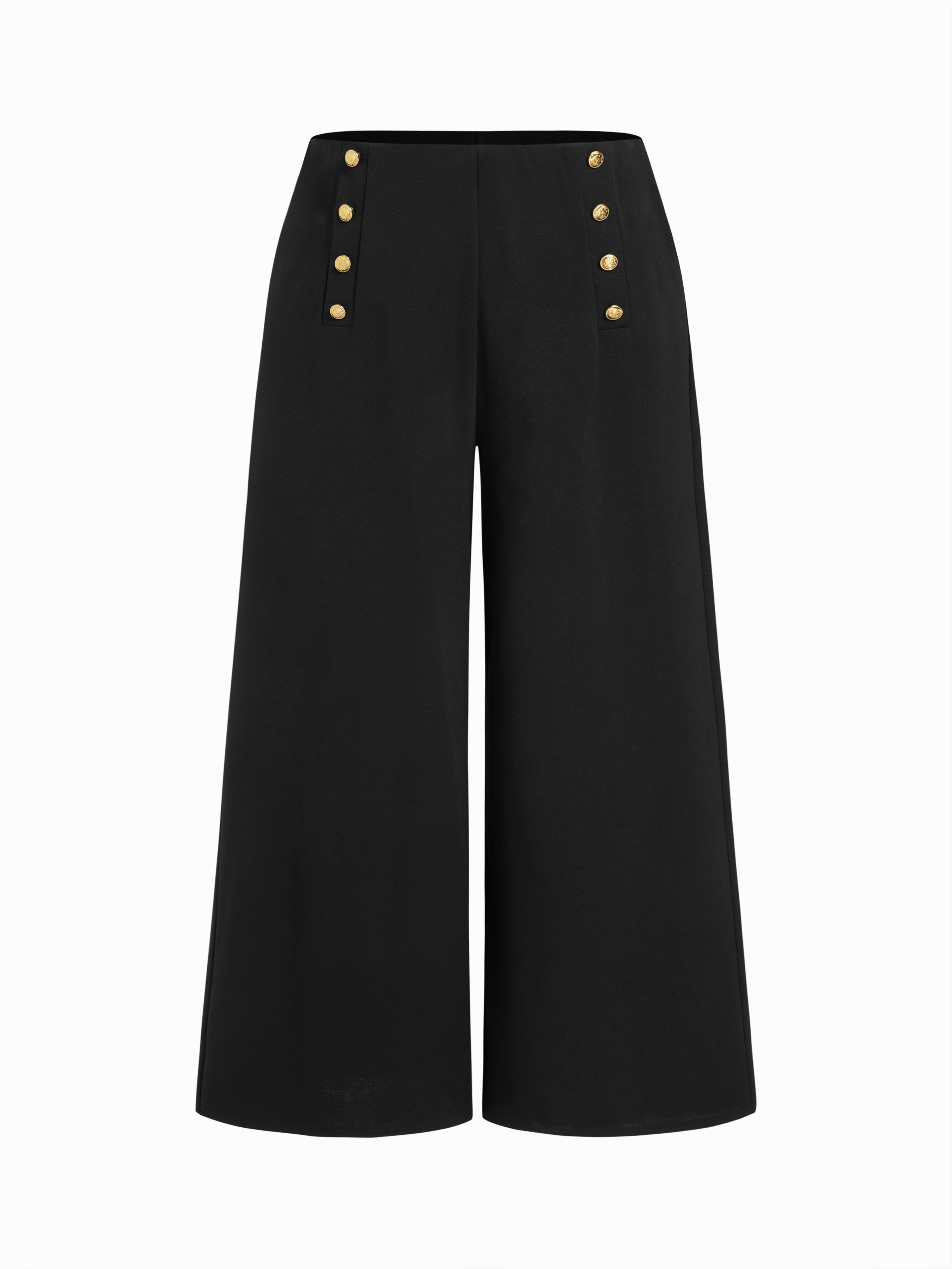 Mid Rise Solid Metal Button Wide Leg Trousers Curve & Plus by CIDER