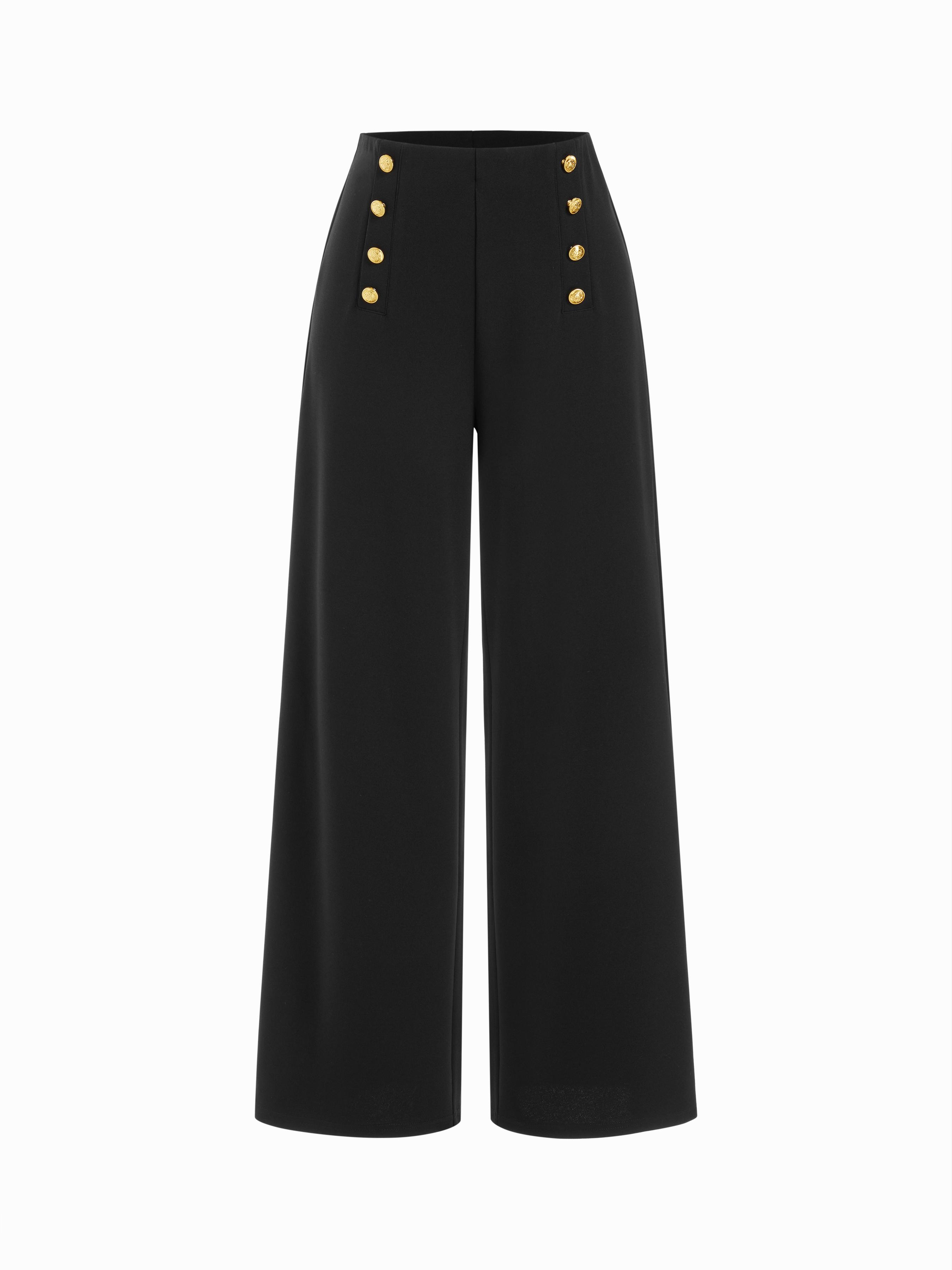 Mid Rise Solid Metal Button Wide Leg Trousers by CIDER