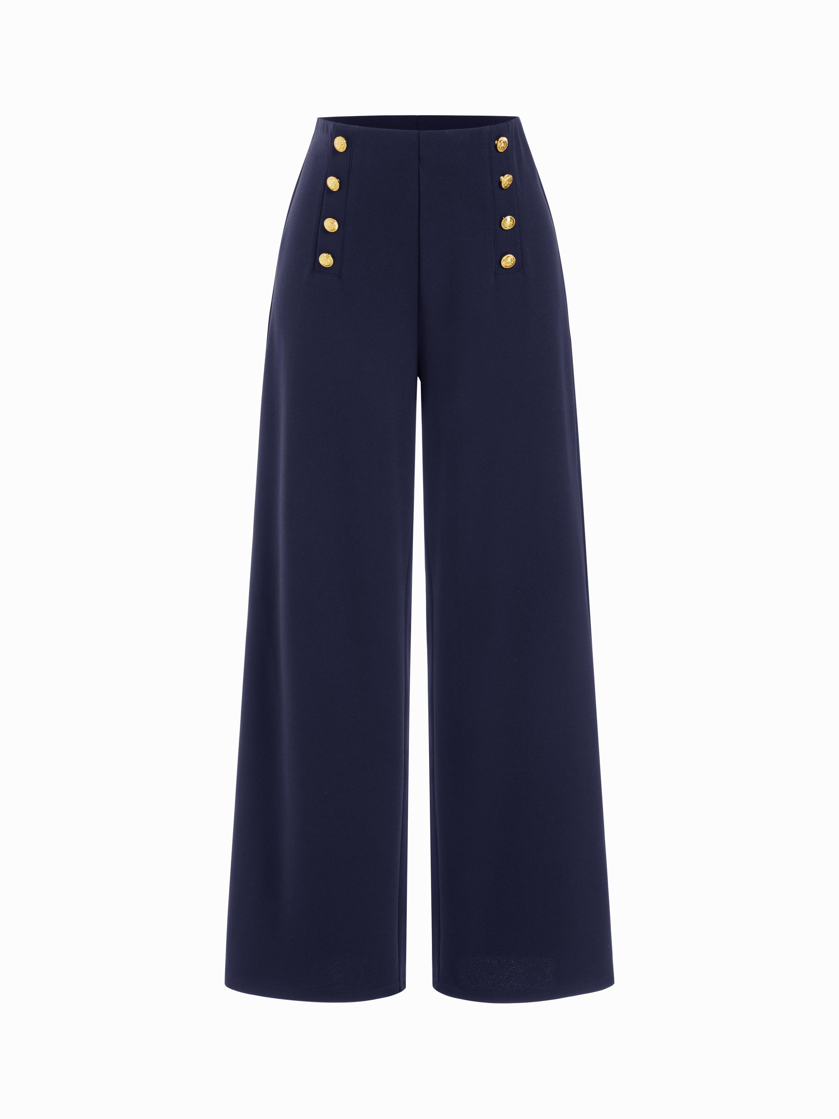 Mid Rise Solid Metal Button Wide Leg Trousers by CIDER