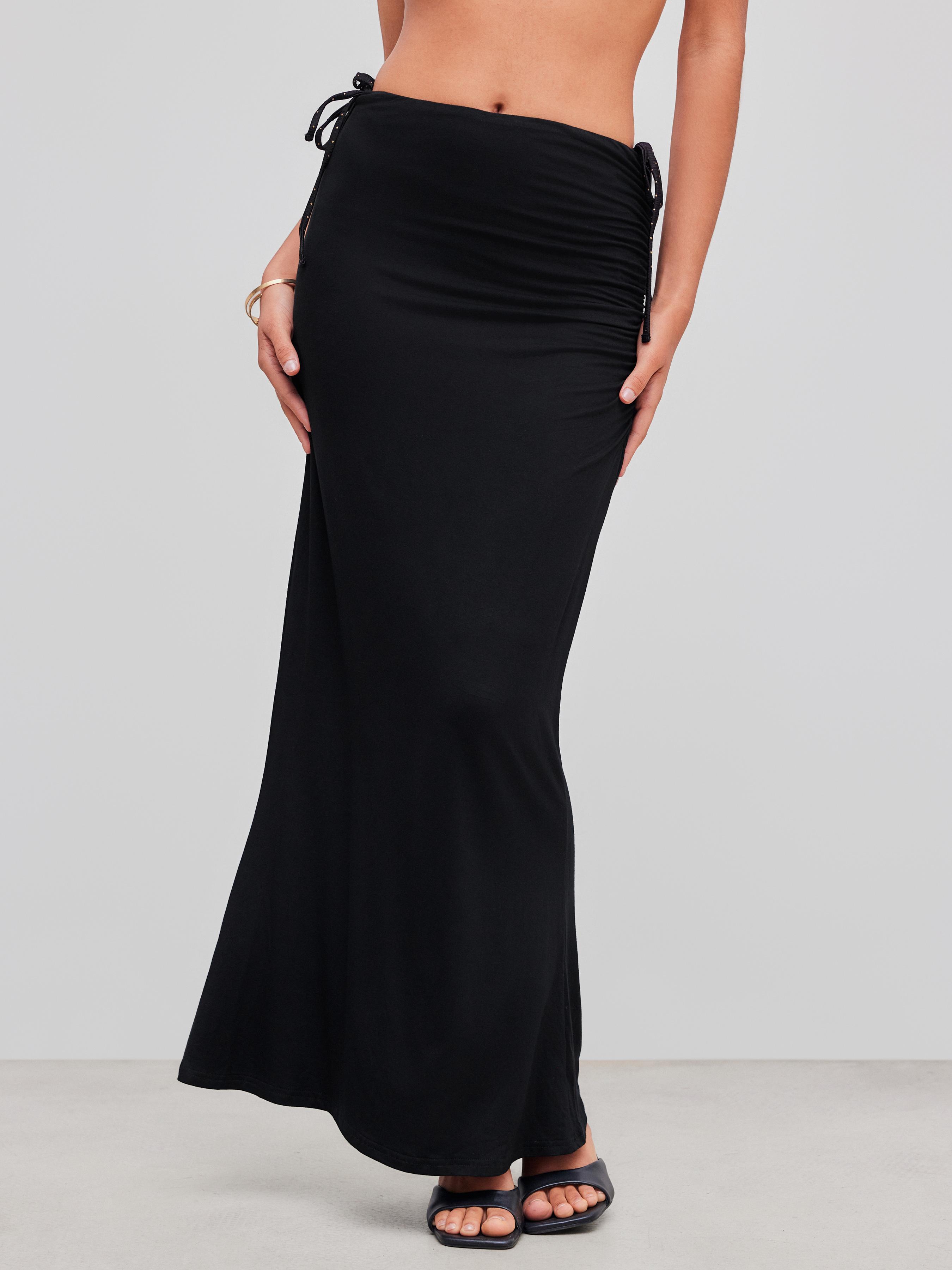 Mid Rise Solid Ruched Maxi Skirt by CIDER