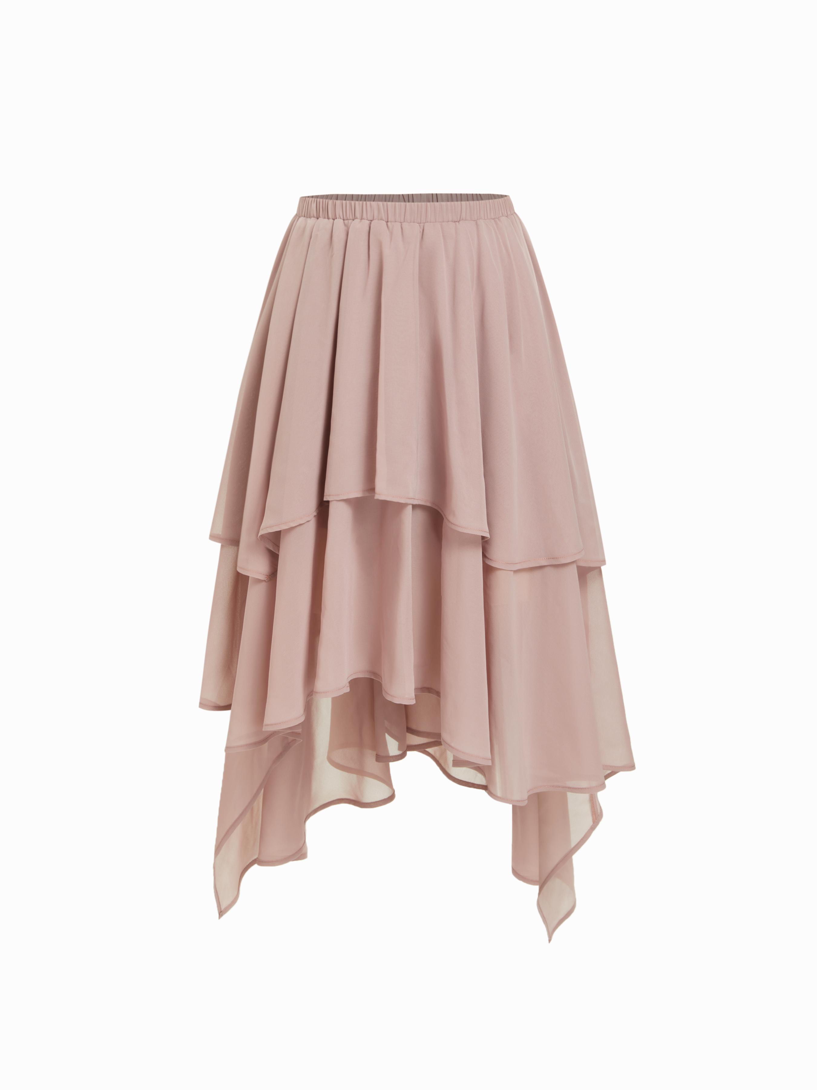 Mid Rise Solid Ruffle Asymmetrical Hem Maxi Skirt by CIDER