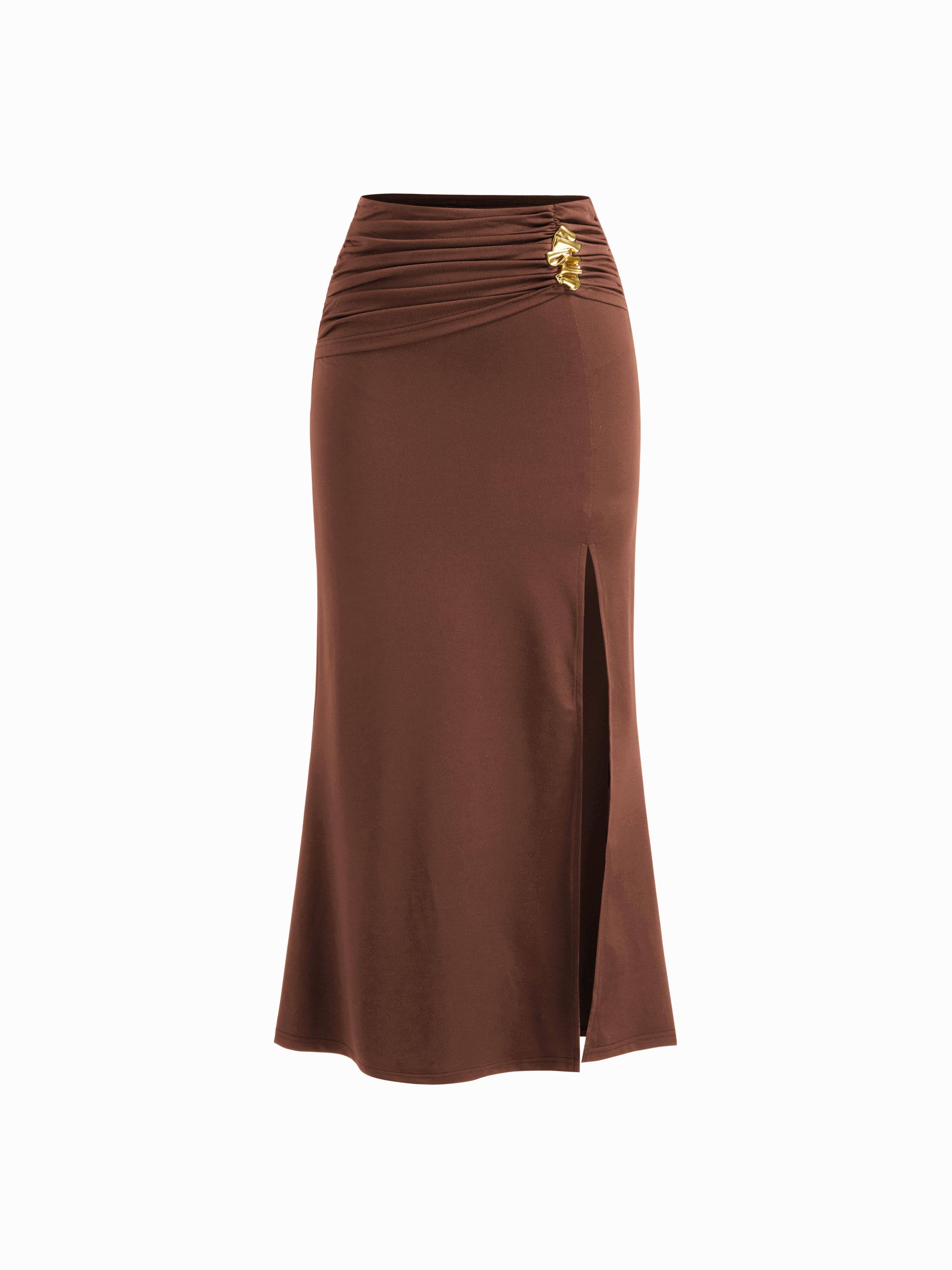 Mid Rise Split Metal Detail Ruched Midi Skirt by CIDER