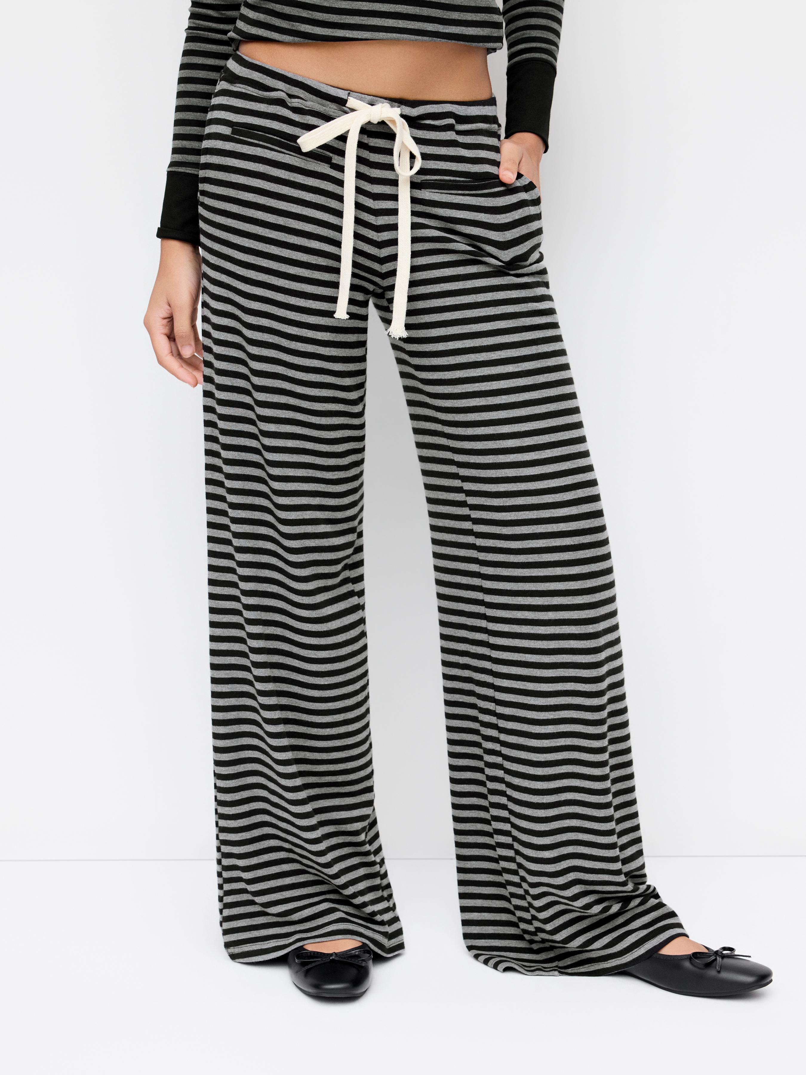 Mid Rise Stripe Drawstring Wide Leg Trousers by CIDER