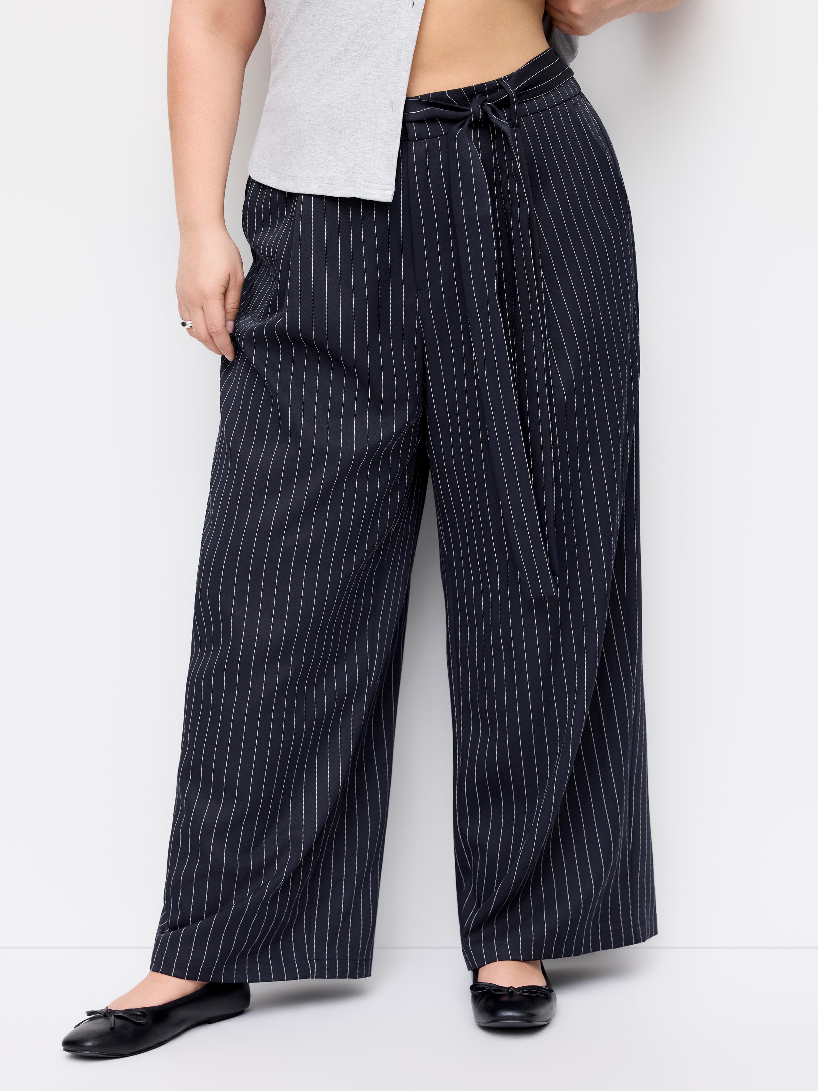 Mid Rise Stripe Wide Leg Trousers With Belt Curve & Plus by CIDER