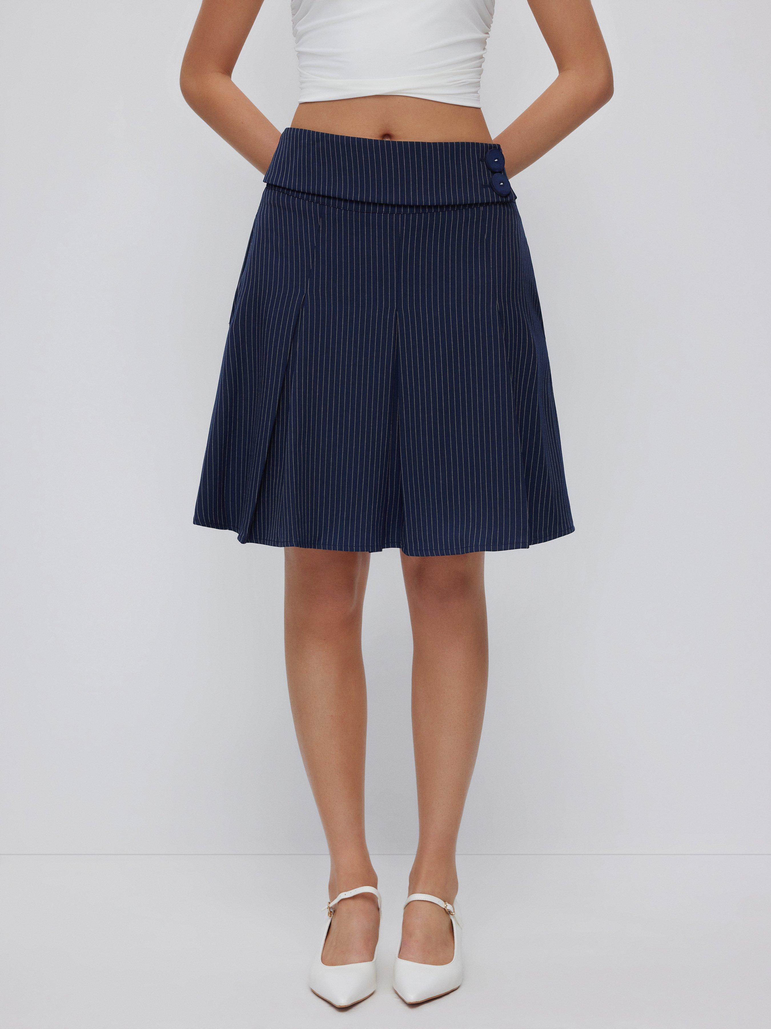 Mid Rise Striped Pleated Pocket Midi Skirt by CIDER