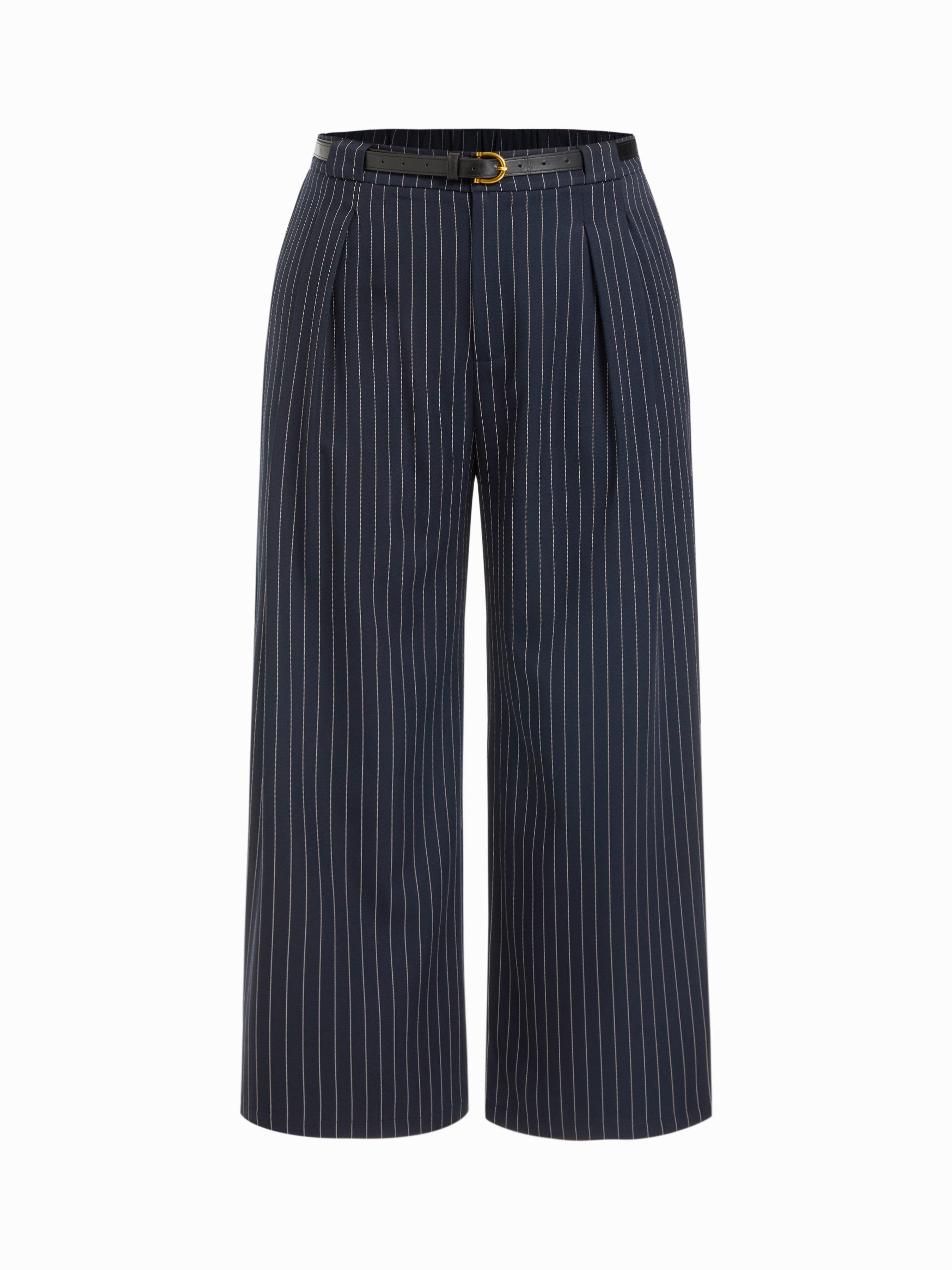 Mid Rise Striped Pleated Straight Leg Trousers With Belt Curve & Plus by CIDER