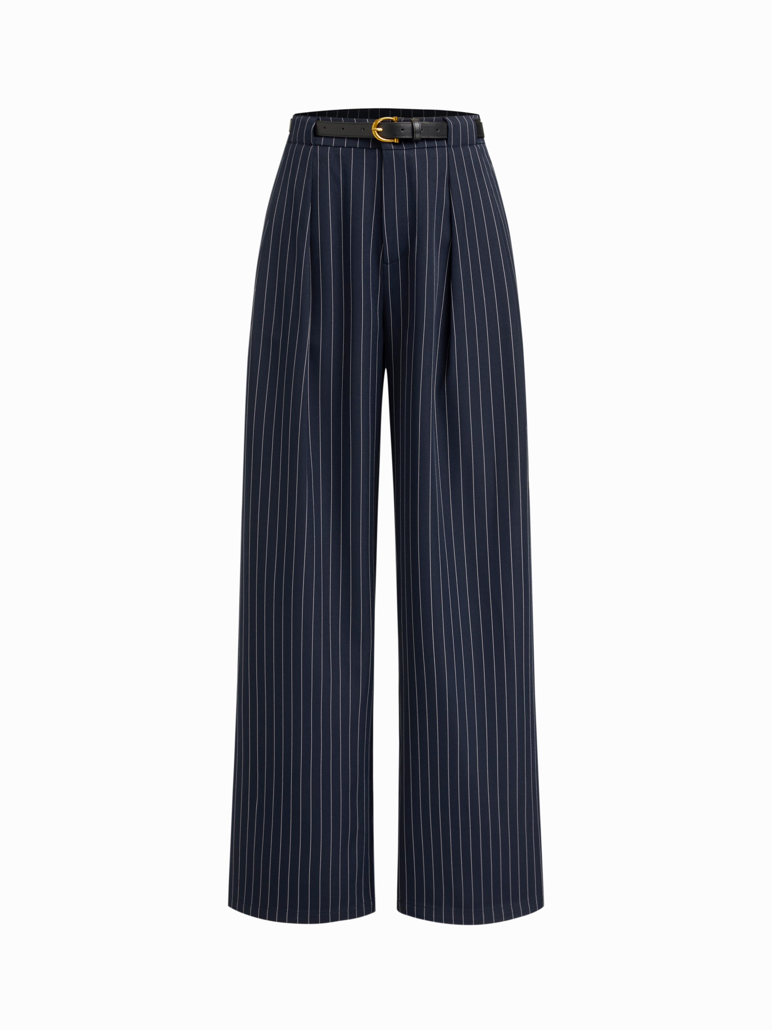 Mid Rise Striped Pleated Straight Leg Trousers With Belt by CIDER