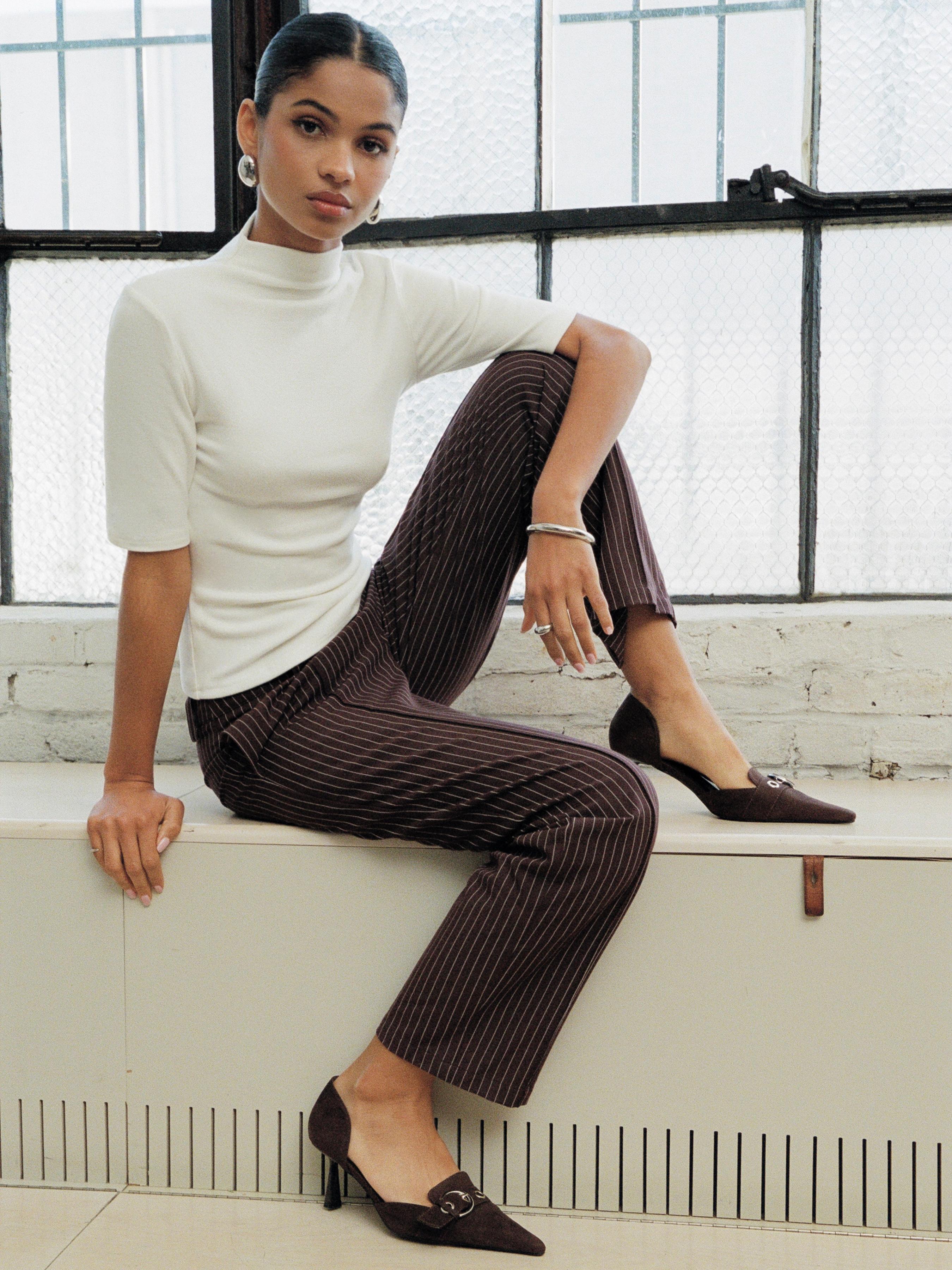 Mid Rise Striped Pleated Tapered Trousers by CIDER