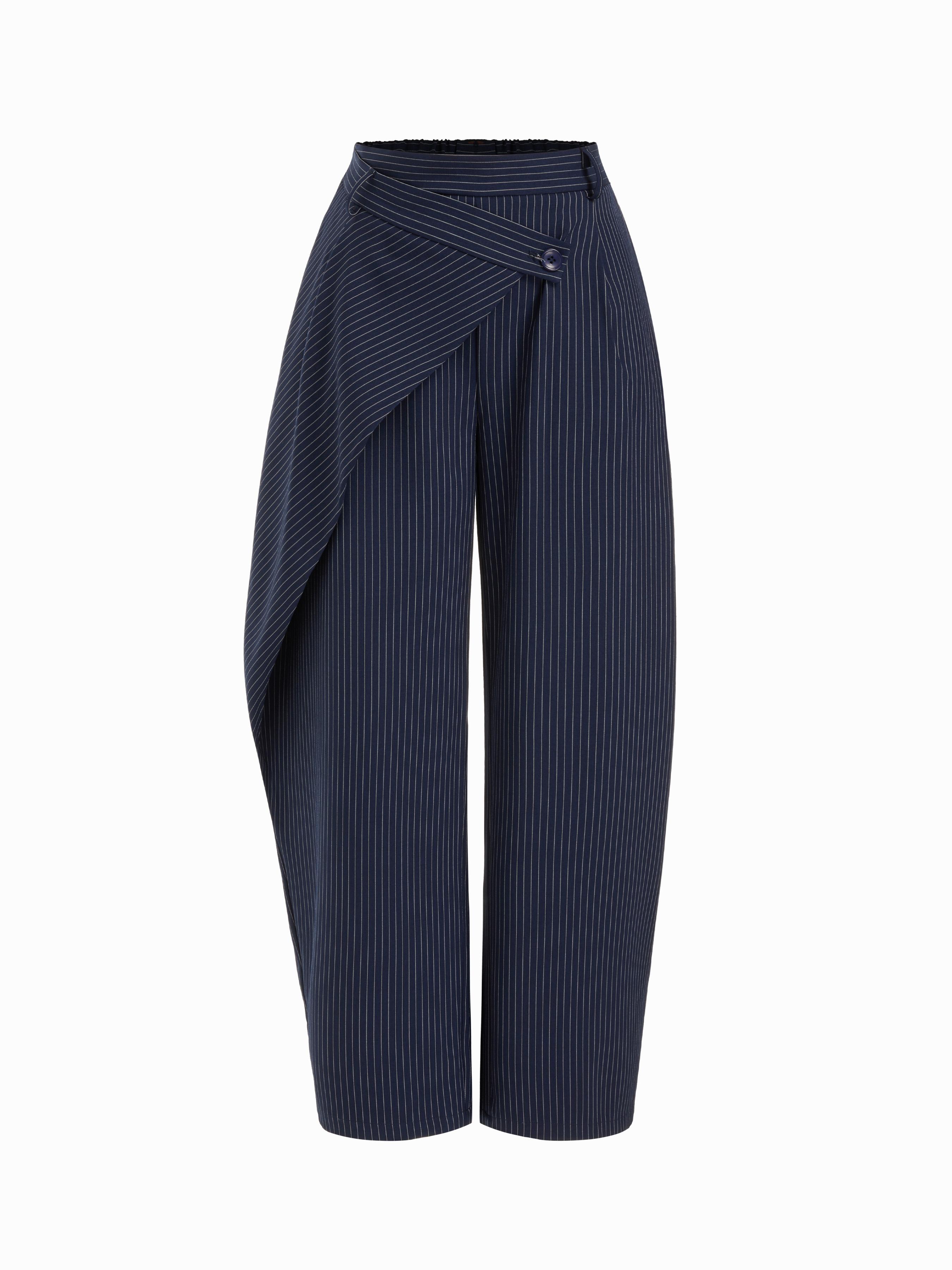 Mid Rise Striped Wrap Front Barrel-leg Trousers by CIDER