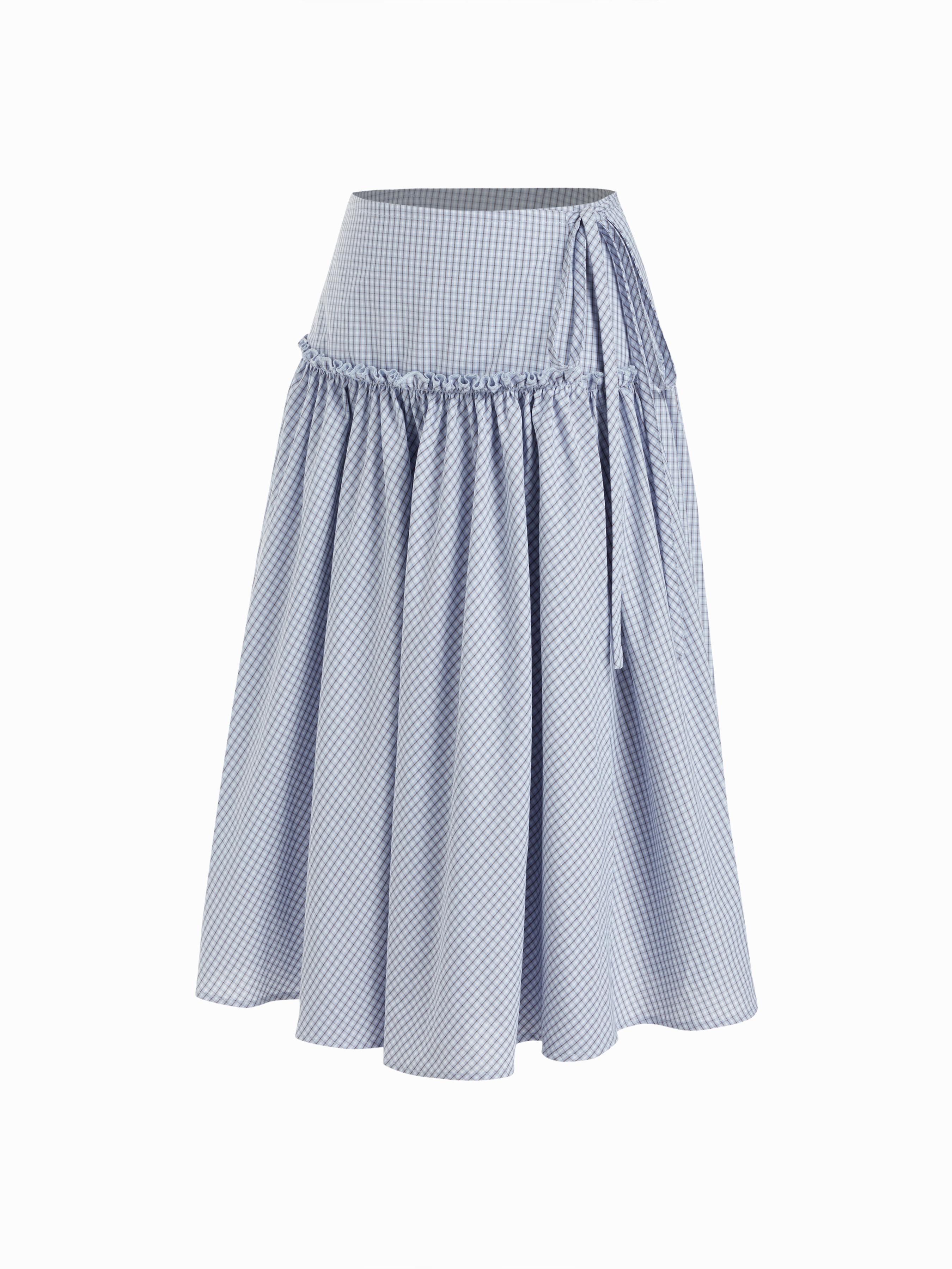Mid Rise Tartan Lettuce Trim Knotted Midi Skirt by CIDER