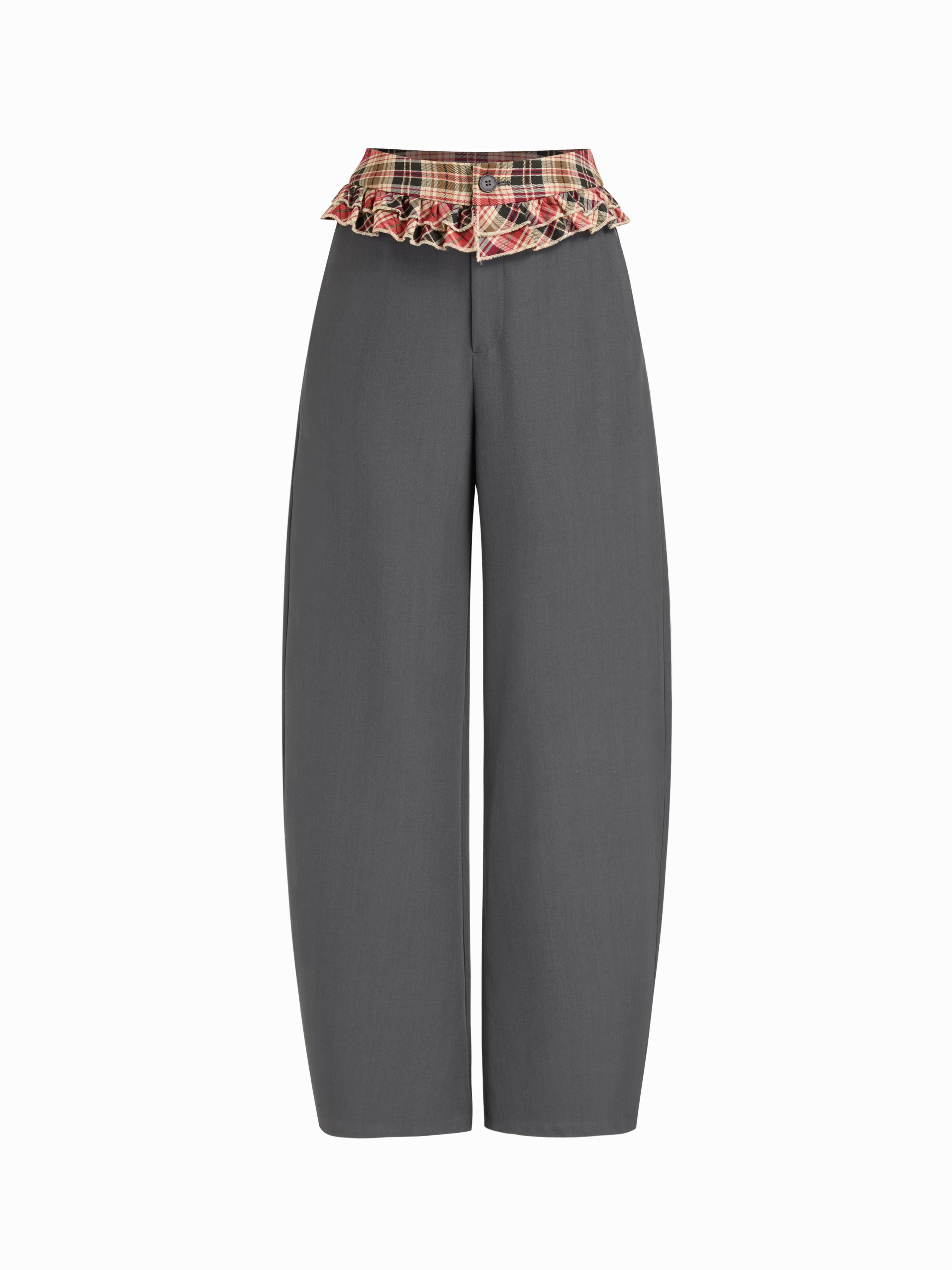 Mid Rise Tartan Ruffled Barrel-leg Trousers by CIDER Mid Rise Tartan Ruffled Barrel-leg Trousers by CIDER