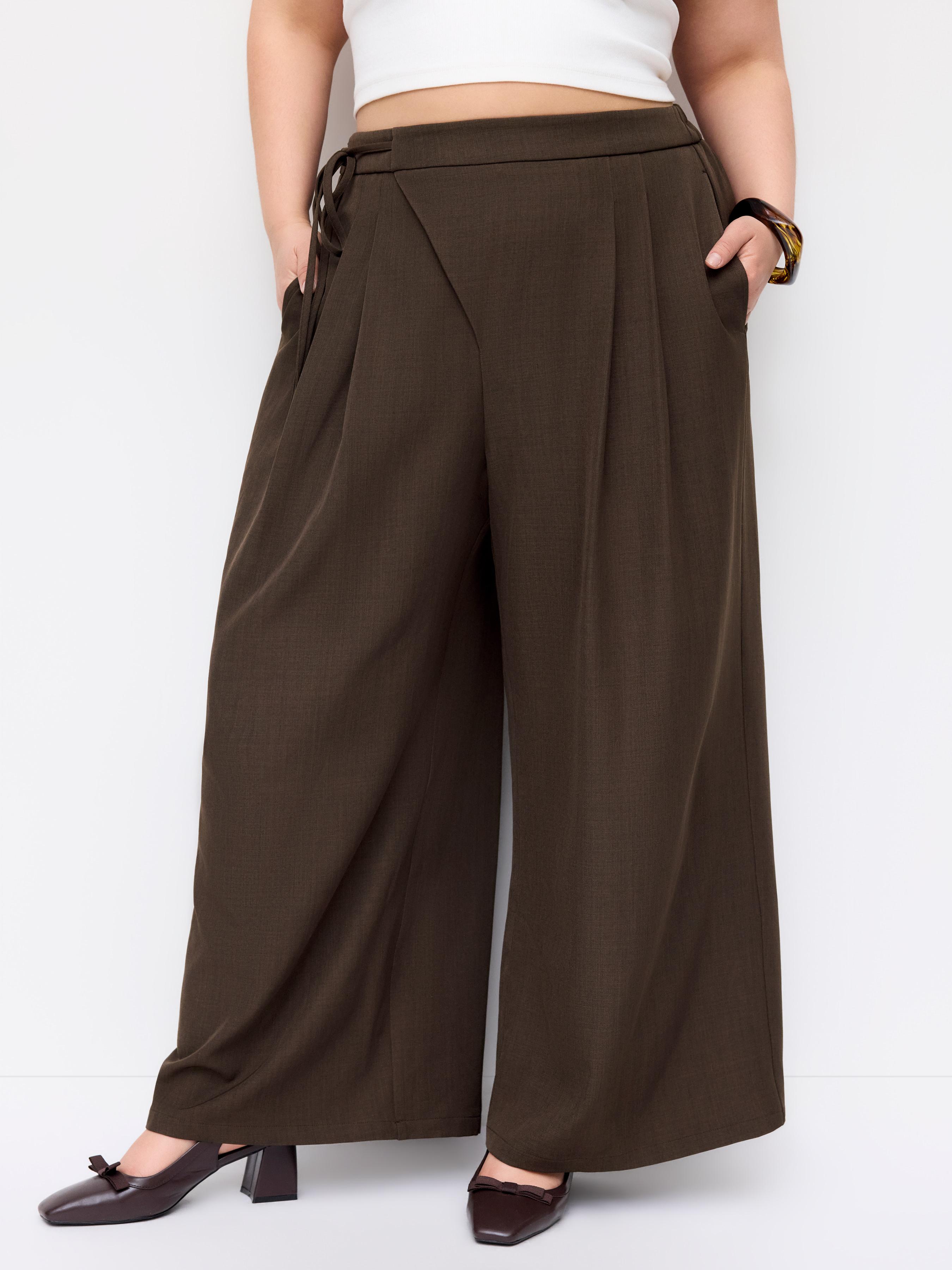 Mid Rise Tie Side Knotted Pleated Wide Leg Trousers Curve & Plus by CIDER