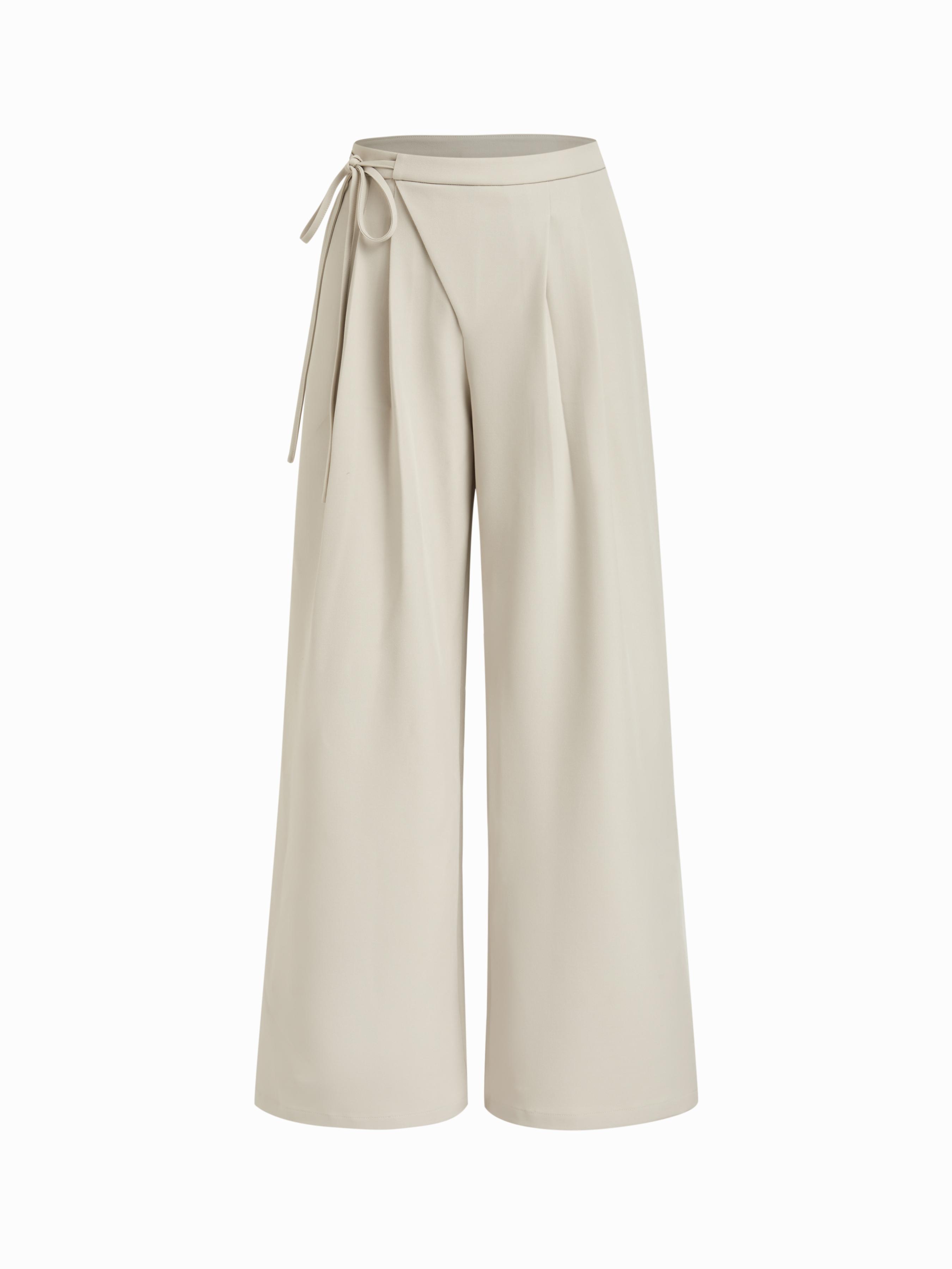 Mid Rise Tie Side Knotted Pleated Wide Leg Trousers by CIDER