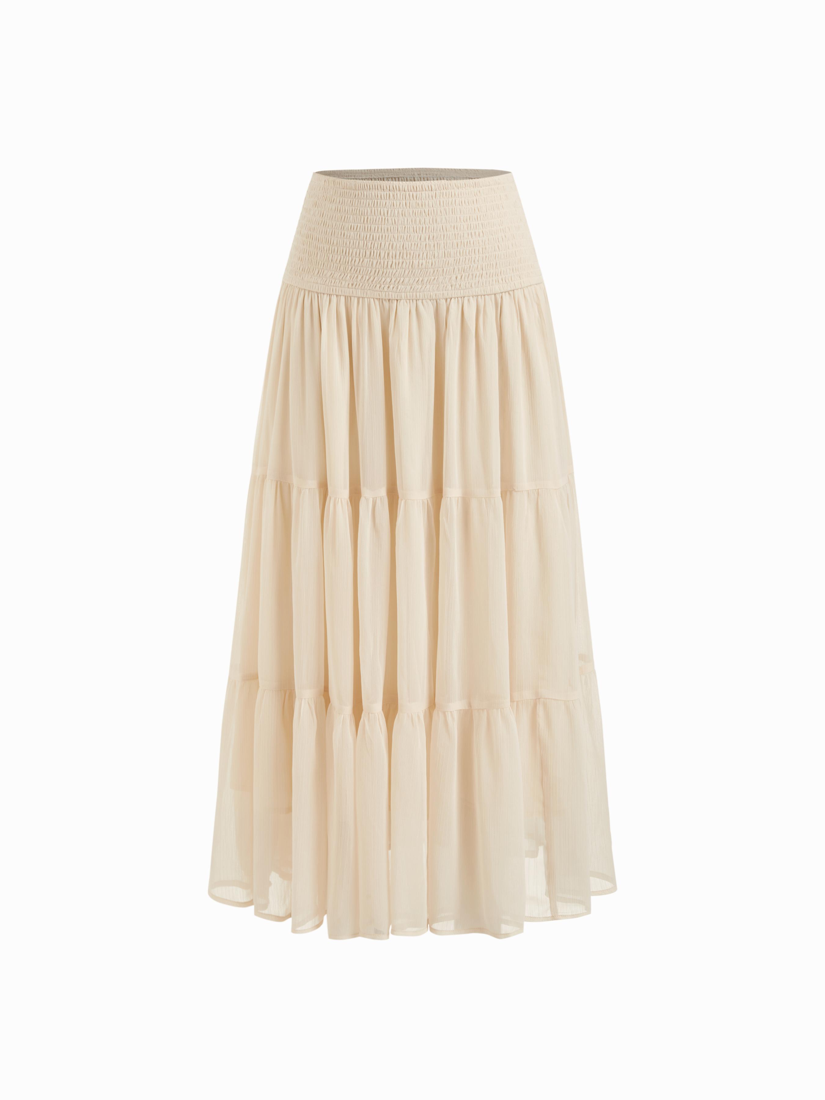 Mid Rise Tiered Shirred Ruffle Hem Maxi Skirt by CIDER